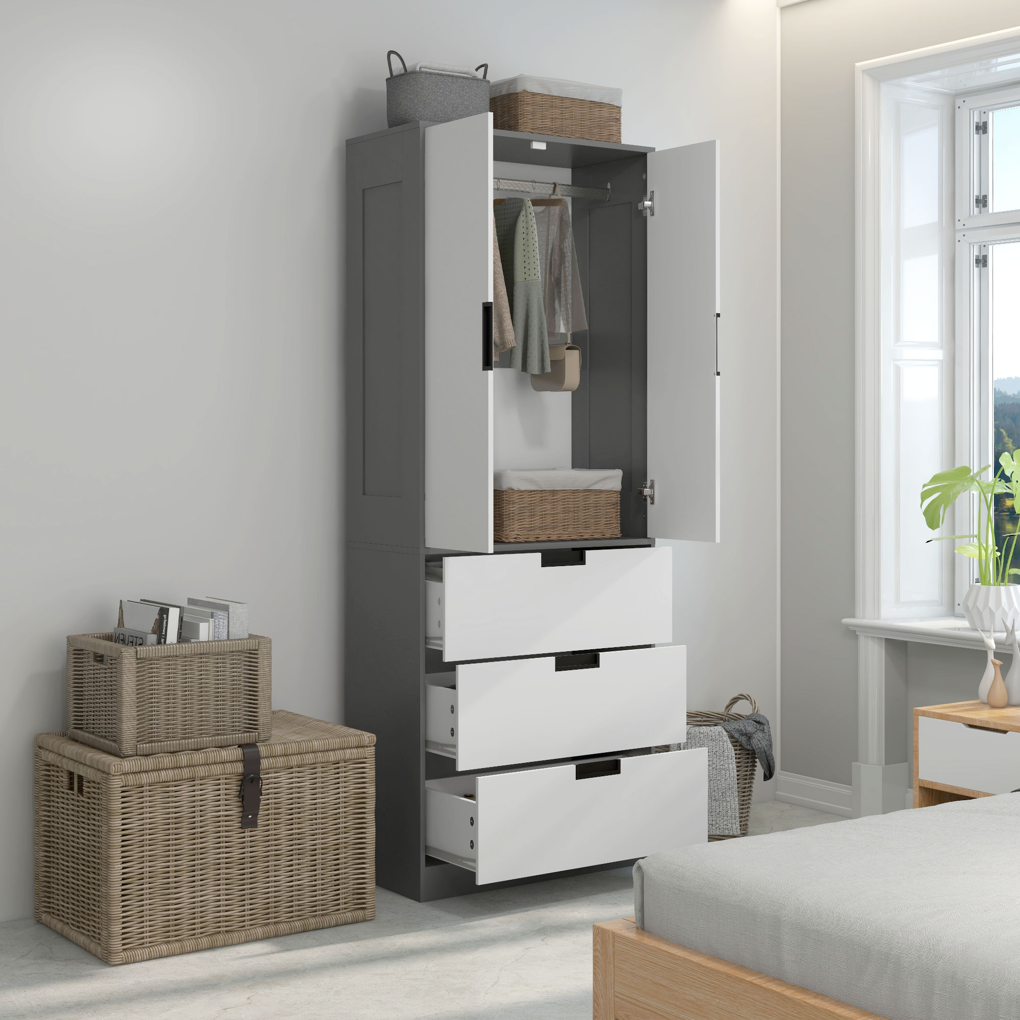 HOMCOM 2 Door Wardrobe, Modern Wardrobe with 3 Drawers and Hanging Rod for Bedroom, Grey 2
