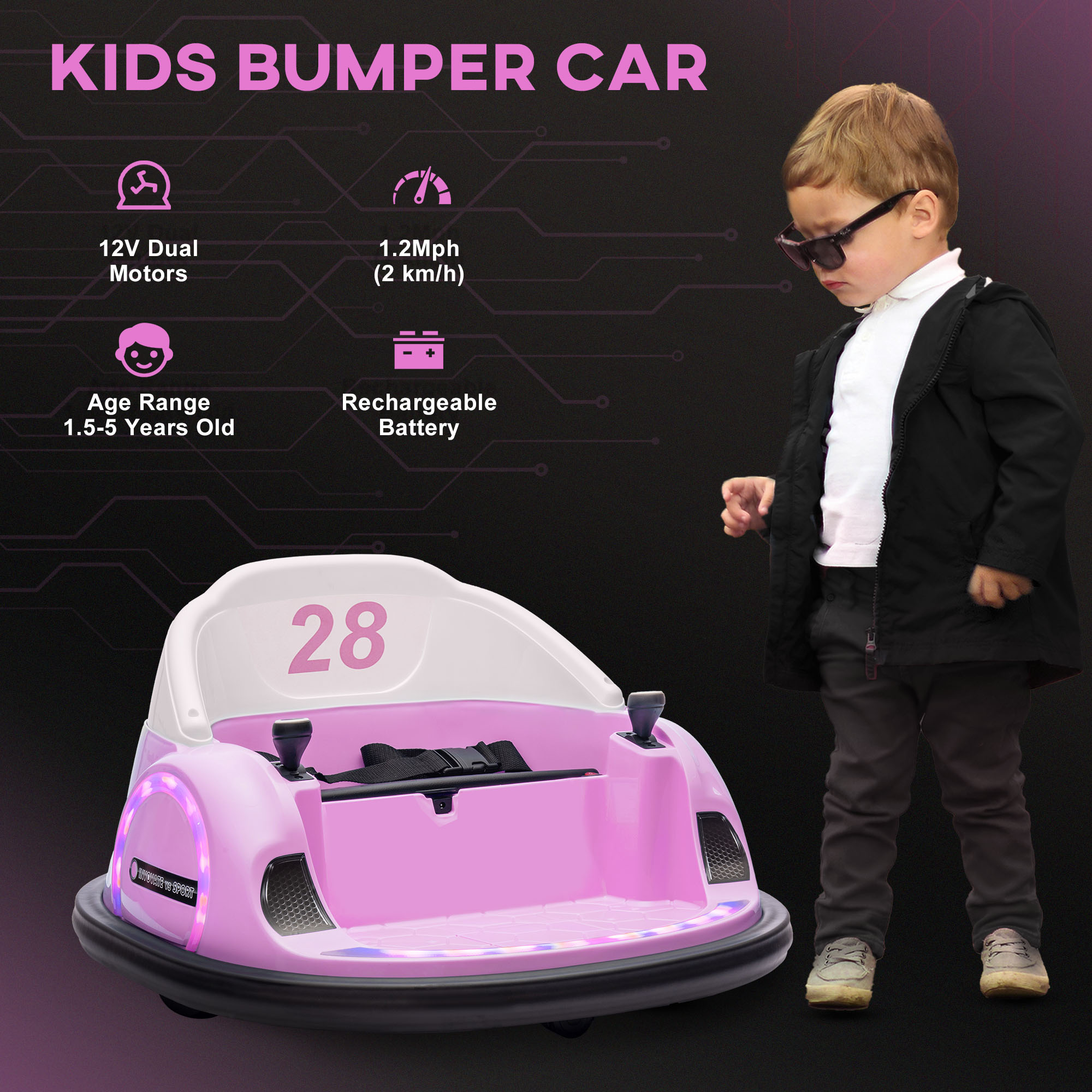 AIYAPLAY 360° Rotation Kids Bumper Car, 12V Waltz Car with Remote Control, Dual Joystick, Music, Lights, Pink 8