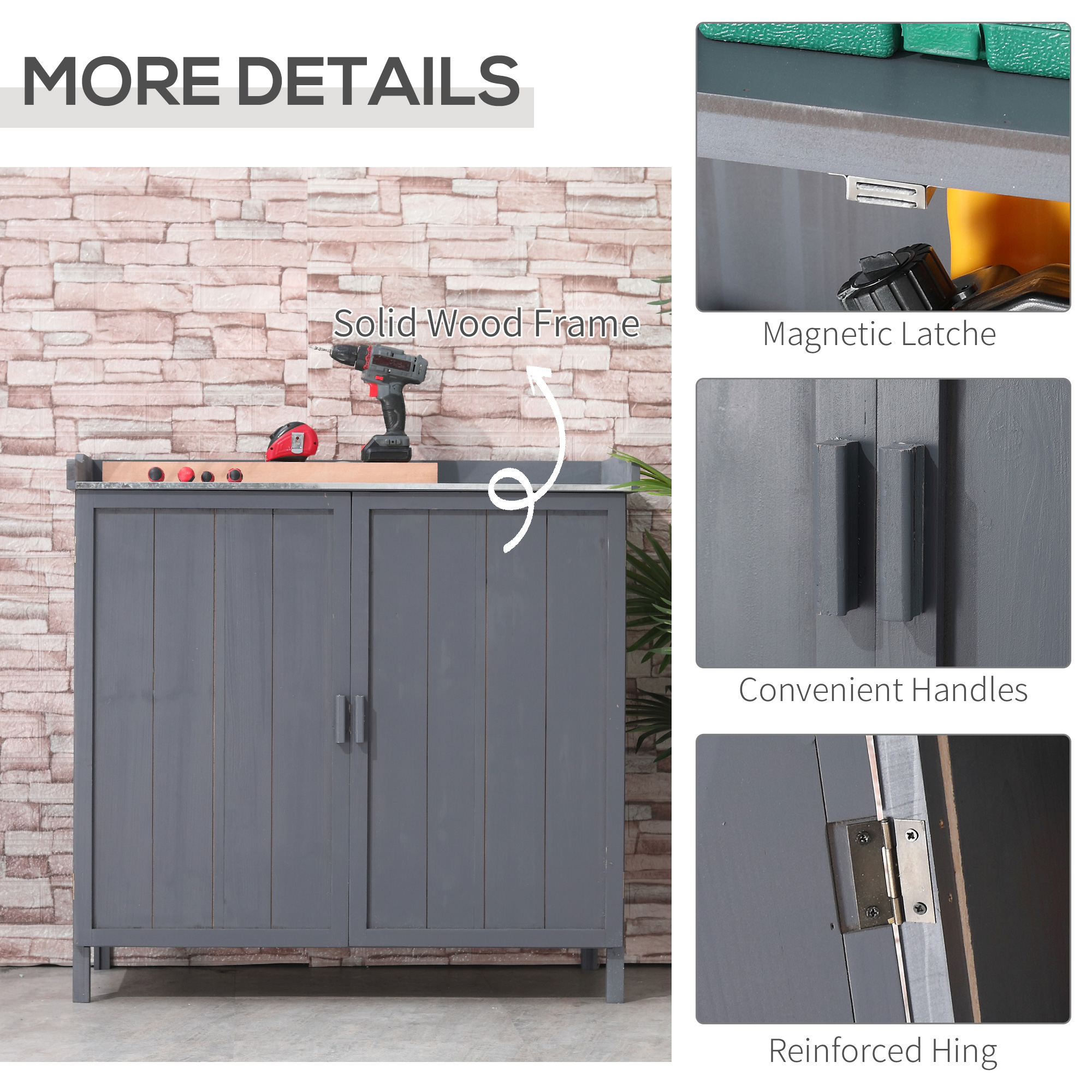Outsunny Wood Garden Storage Cabinet, Outdoor Tool Shed, Potting Bench Table with Galvanized Top and Two Shelves for Yard Tools or Pool Accessories, Grey 6
