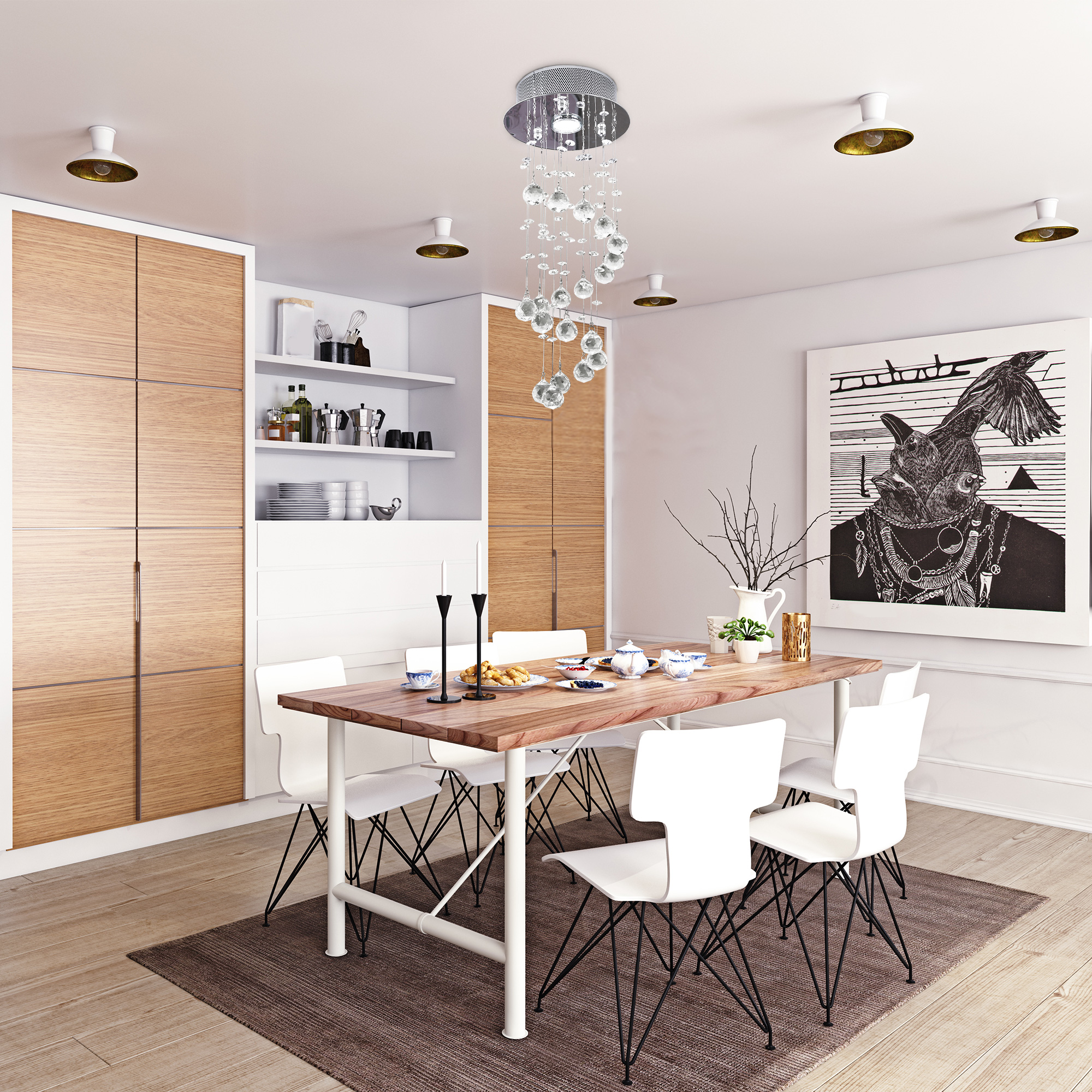 HOMCOM Metal Crystal Ceiling Light Chandelier Elegant Pendant Lamp Living Room Stairway Stairway Spiral Rain Drop Pendant Lamp Silver 8