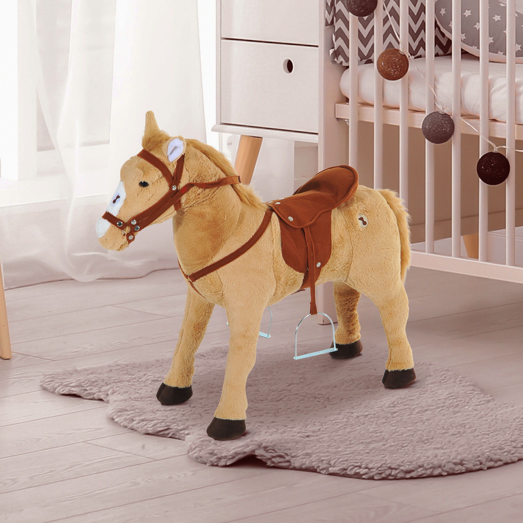 HOMCOM Schaukelpferd Reitpferd Spielpferd Plüschpferd mit Sound 85 x 28 x 60 cm Beige, ideal für Kinder zum Spielen und Schaukeln   Aosom.de