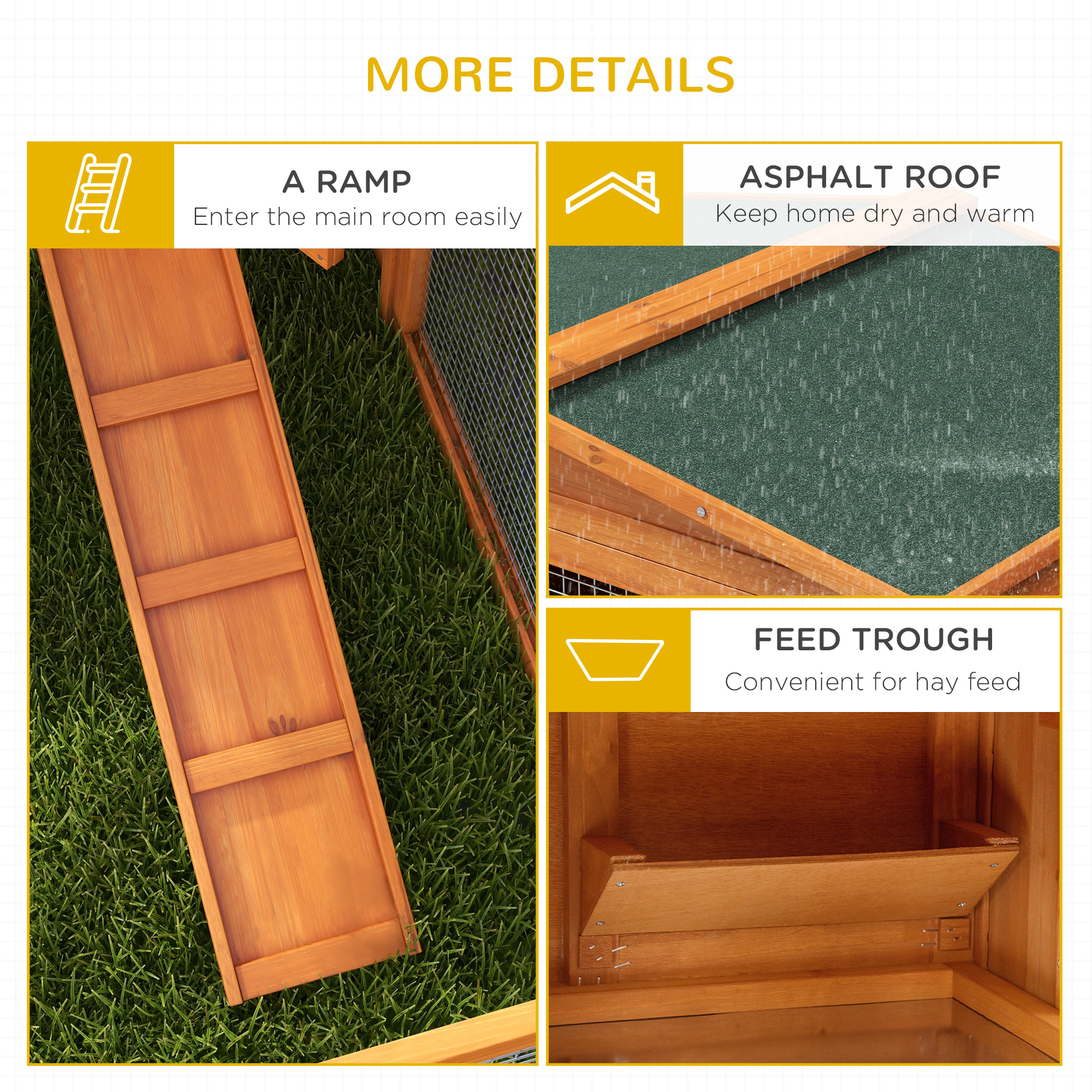 PawHut Rabbit Hutch with Run Wooden Guinea Pig Hutch Outdoor Bunny Cage Hide House with Sliding Tray, Hay Rack, Ramp, 156 x 58 x 68cm, Orange 7