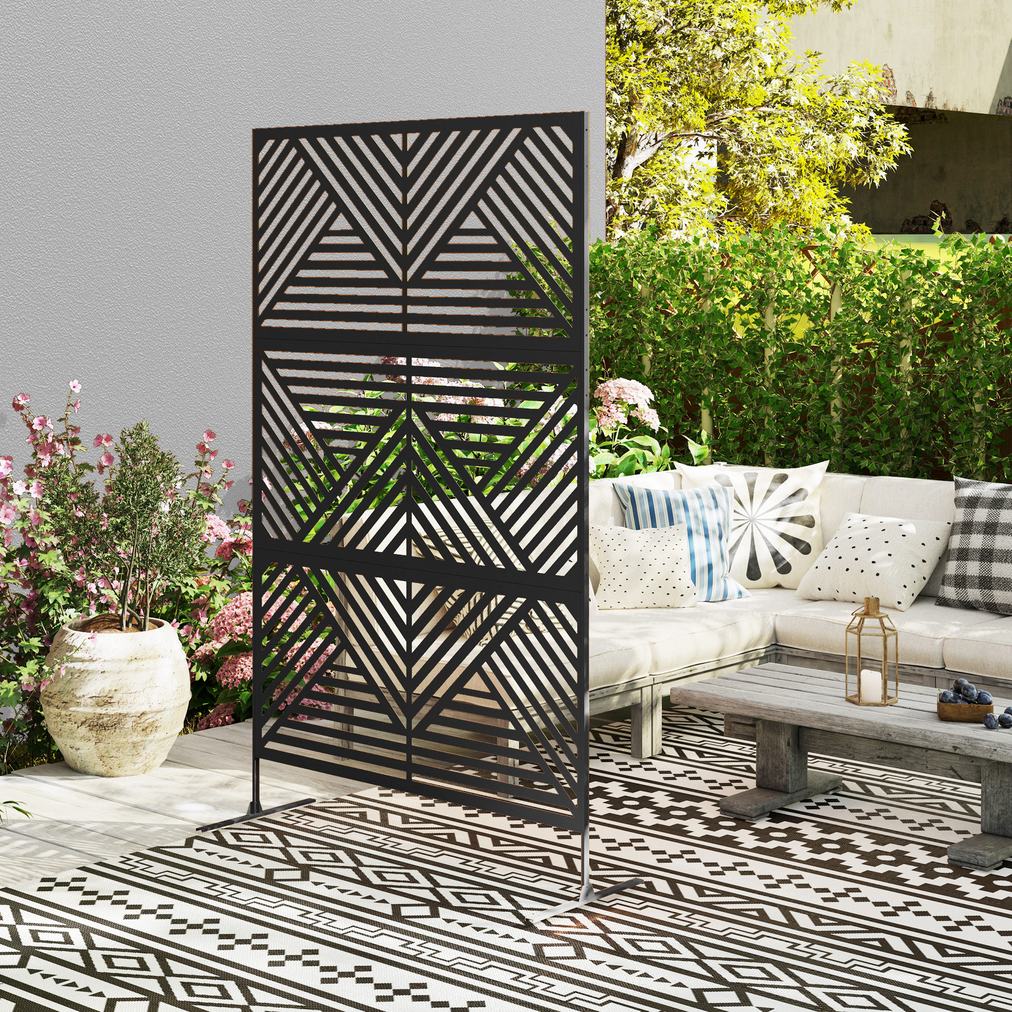 Outsunny Decorative Garden Privacy Screen with Stand, 6.5FT Freestanding Metal Outdoor Divider, Decorative Privacy Panel with Expansion Screws for Garden Pool Hot Tub, Rhombus Style, Black 7
