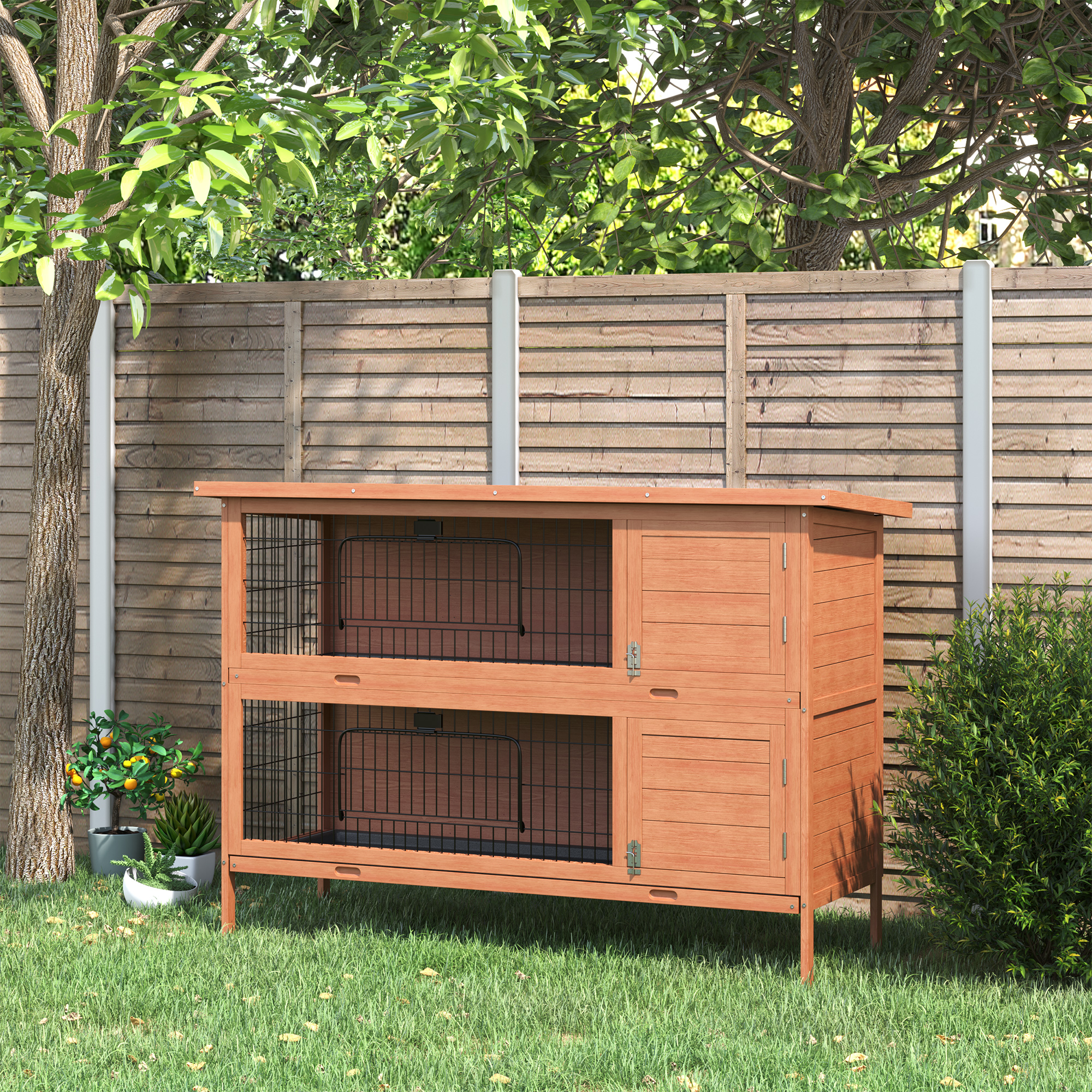 PawHut Rabbit Hutch Outdoor Guinea Pig Hutch Bunny Cage with No-Leak Trays, Divider, 136 x 50 x 93cm, Orange 2
