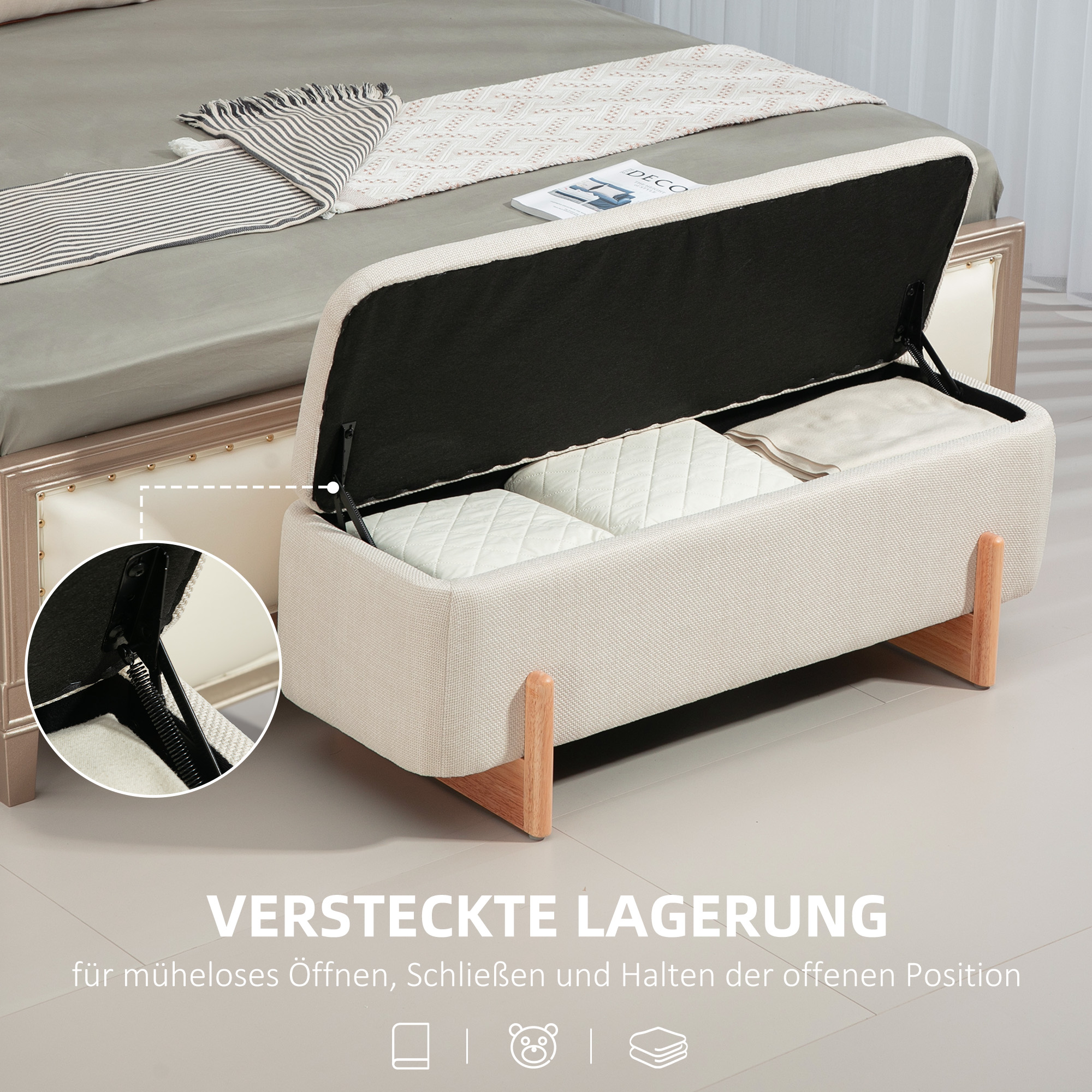 Taburet panipaigaga, pink poroloonpolstriga, lina imitatsioon, 111 x 44 x 44,5 cm, kreemvalge