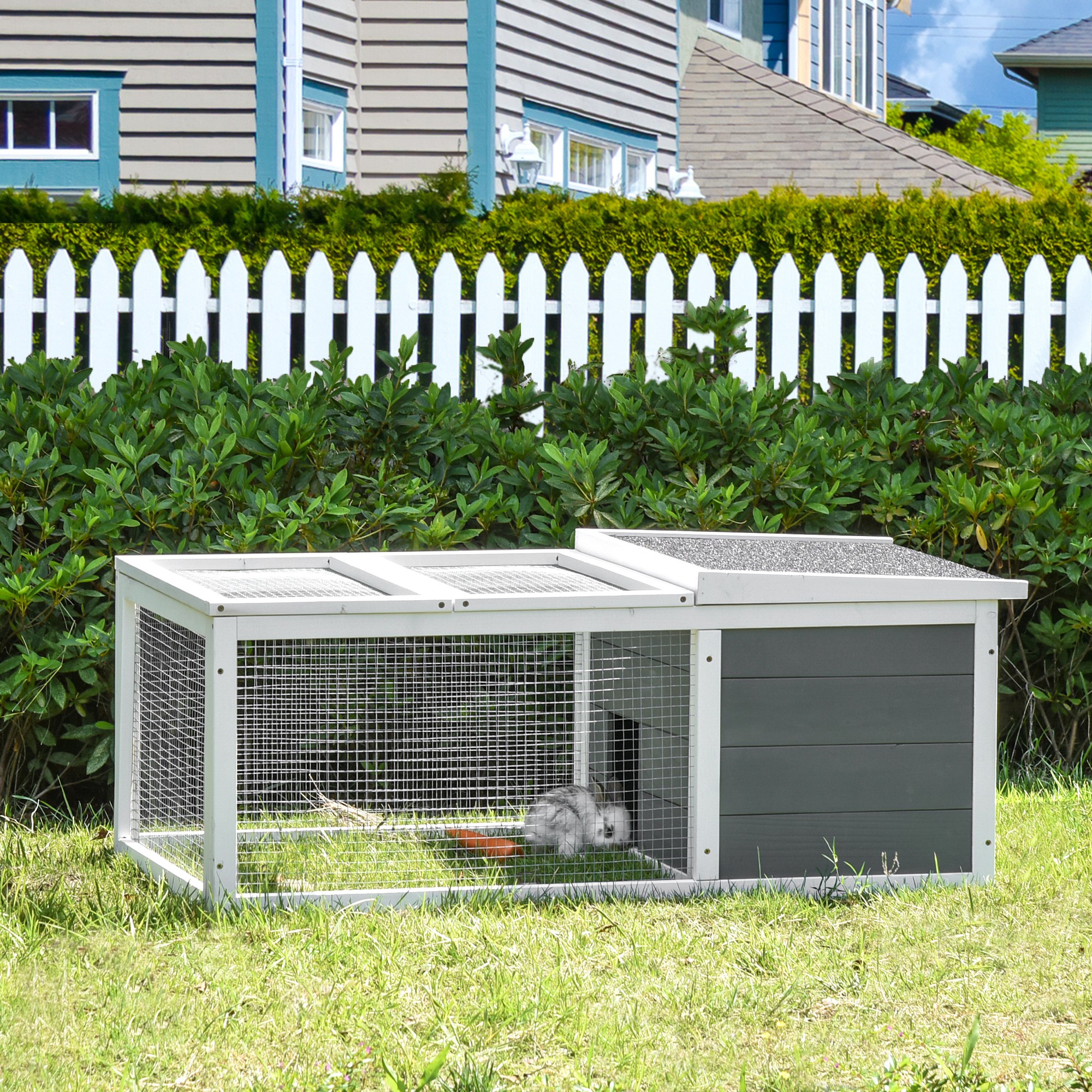 PawHut Rabbit Hutch Guinea Pig Hutch Wooden Small Animal Cage Rabbit Run Duck House with Openable Roof for Indoor Outdoor 115 x 66 x 47.5 cm 2