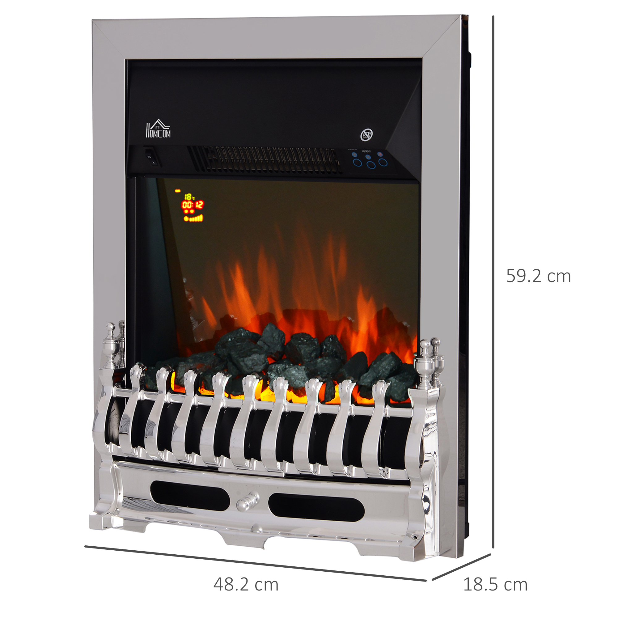 HOMCOM Contemporary Electric Fireplace Coal Burning Flame Effect Inset Fire Place Space Heater Glass View LED Lighting with Remote Control, 1000W/2000W 3