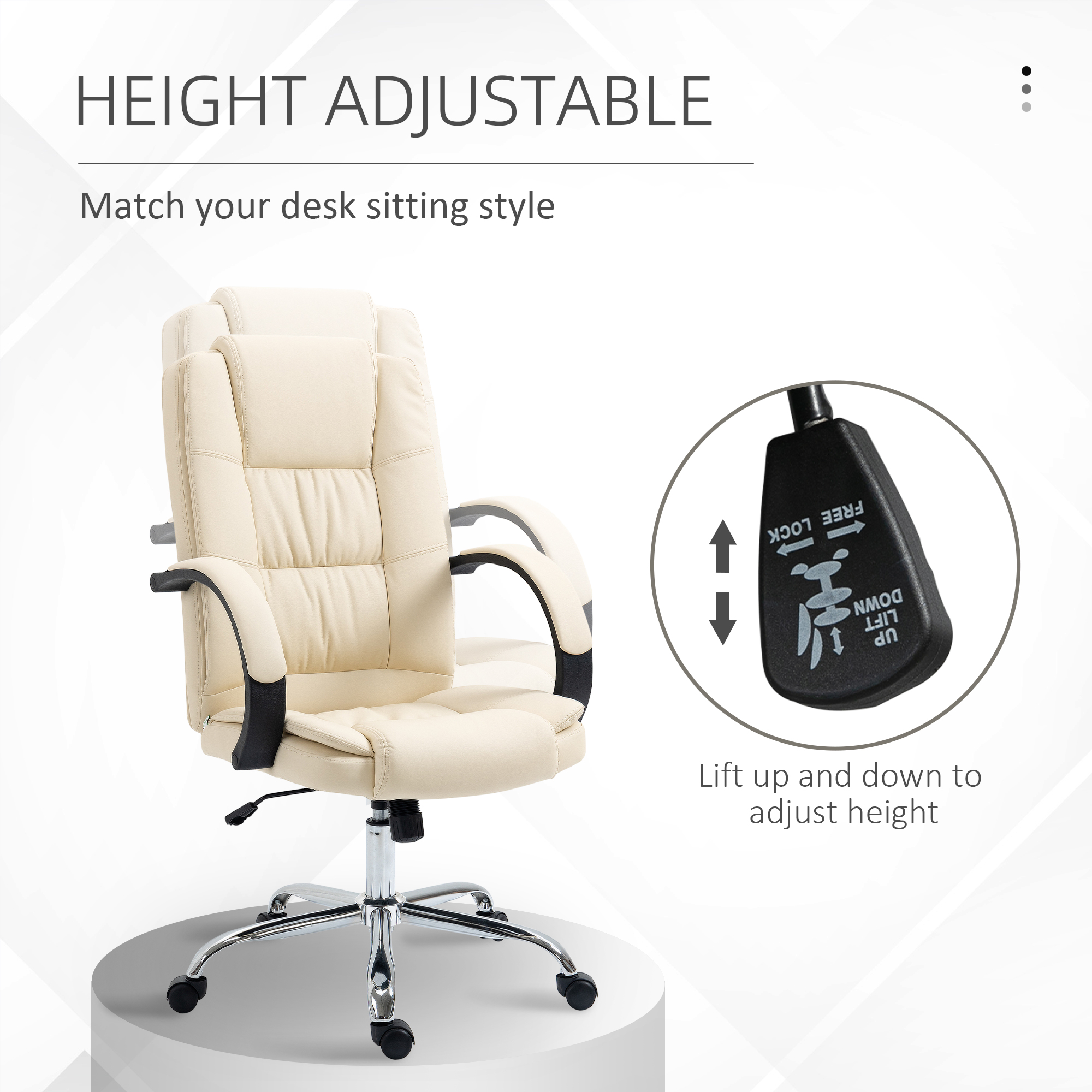 Vinsetto Office Chair, PU Leather Desk Chair with 13cm Soft Padded Seat and Backrest, Swivel Chair with Adjustable Height and Rolling Wheels, Beige 6