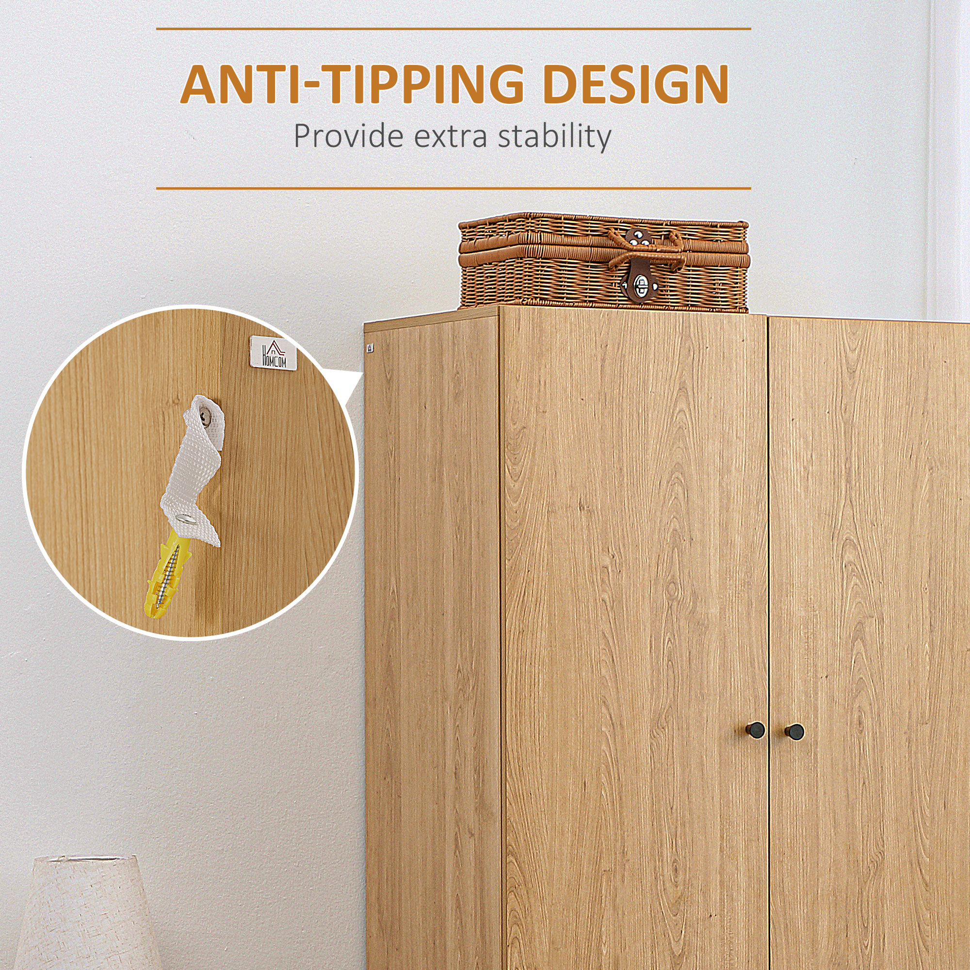 HOMCOM Wardrobe with 2 Doors, 2 Drawers, Hanging Rail for Bedroom Clothes Storage Organiser, 80x52x180cm, Natural Tone 6