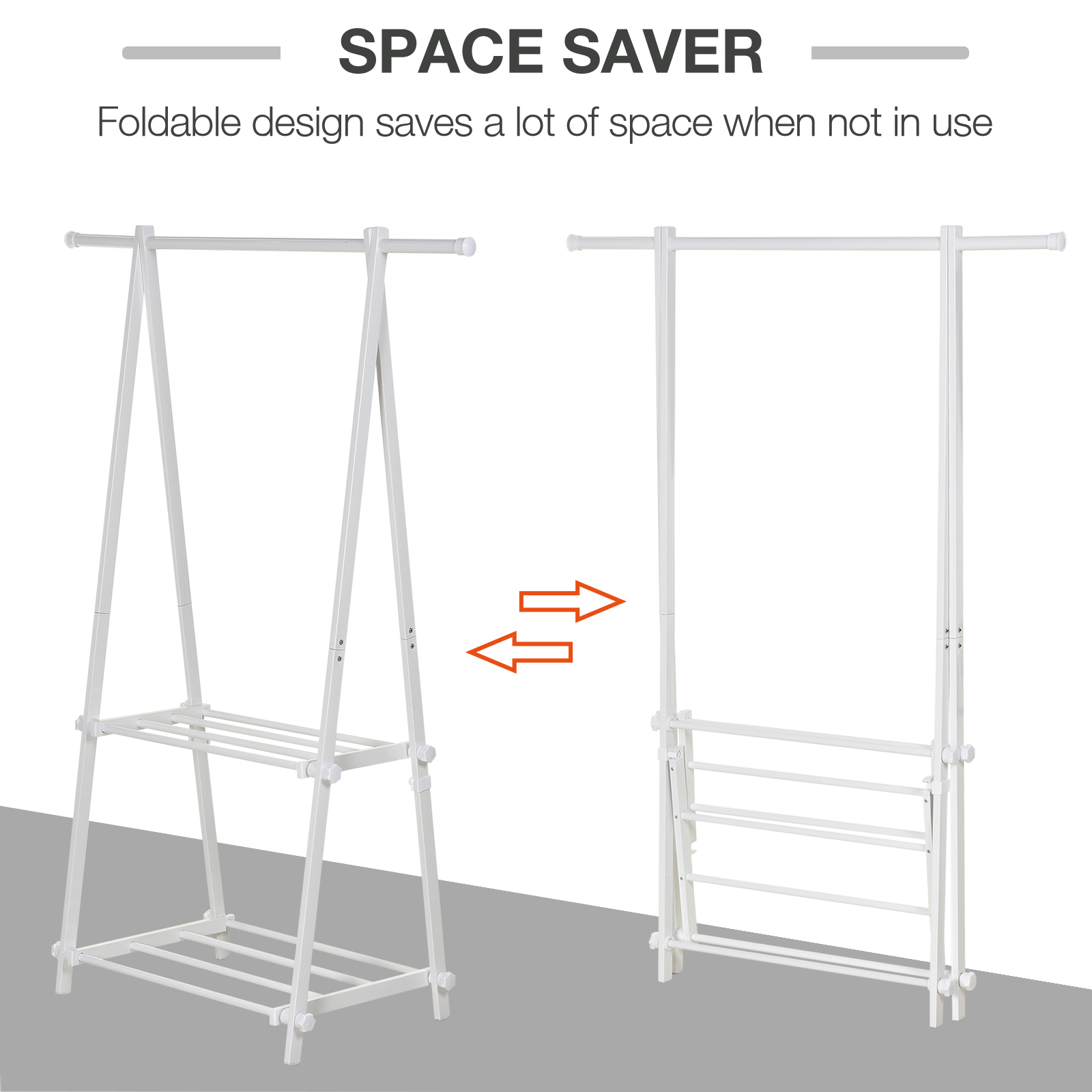 HOMCOM Minimalist Foldable Adjustable Clothes Rack Hanger w/ 2 shelves 107.5L x 45W x 150H cm Hallway Entryway Furniture White 5
