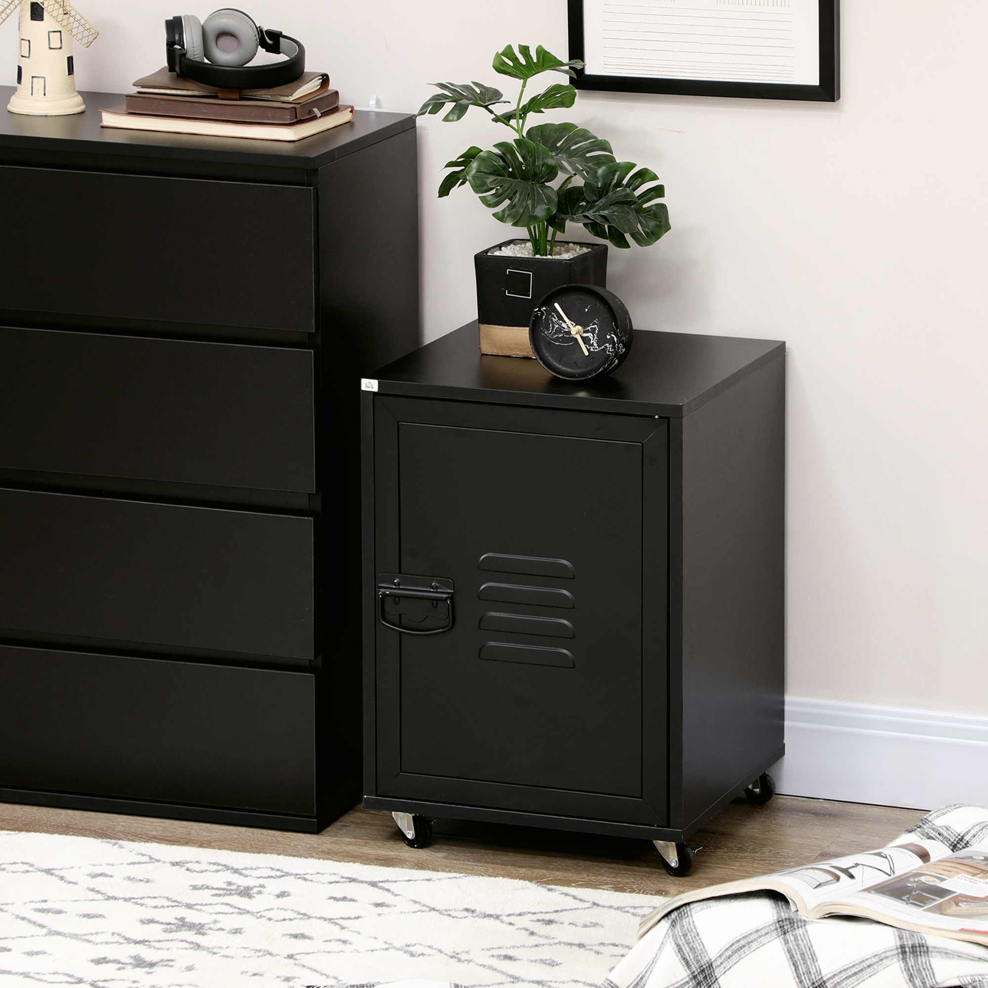 HOMCOM Rolling Metal Filing Cabinet, Industrial Mobile Storage Cabinet with Adjustable Shelf and Wheels for Home Office Living Room, Black 8