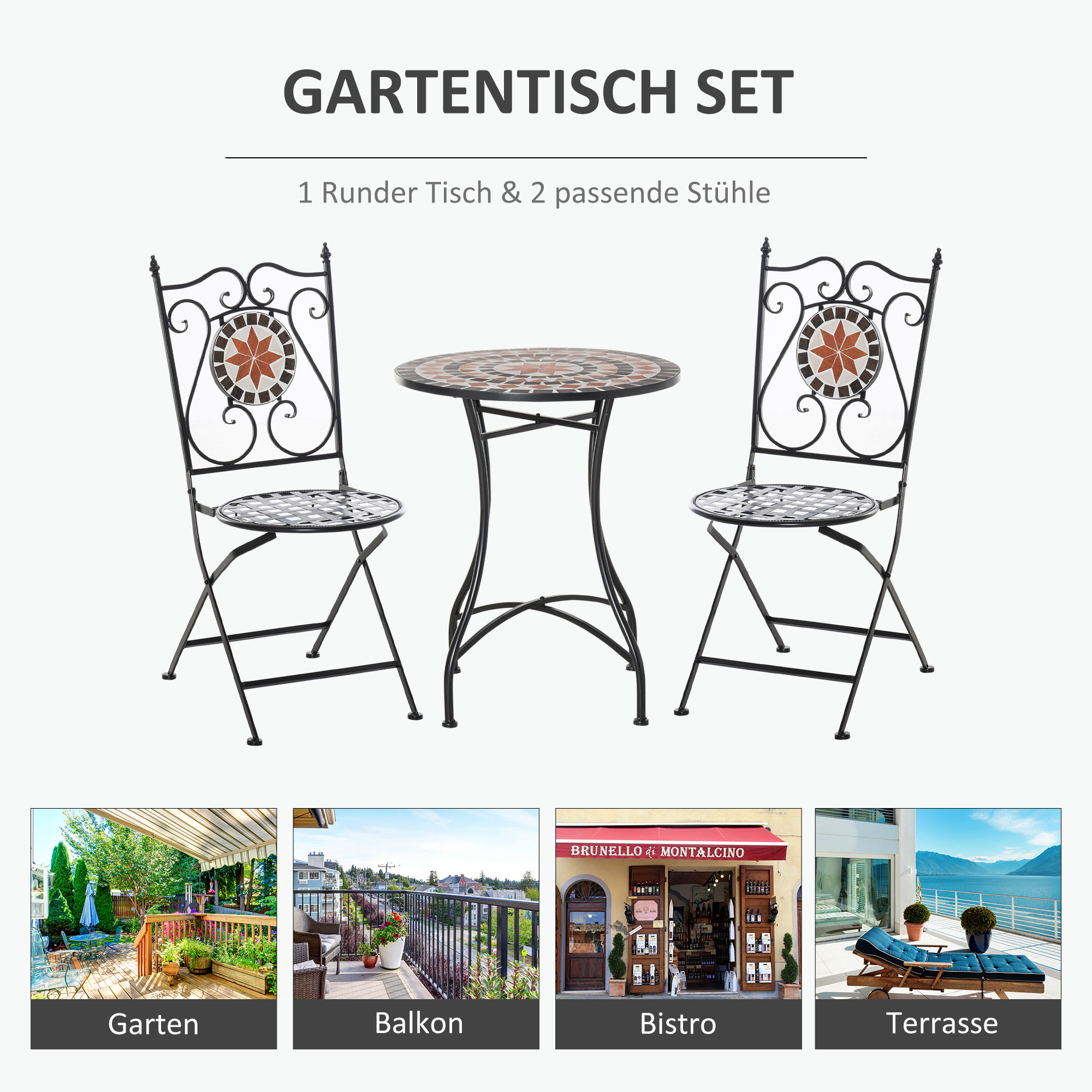 Outsunny Garten Sitzgruppe 3-teilige Mosaiktisch Essgruppe Gartenmöbel-Set 1 Tisch+2 faltbare Stühle Terrasse Metall Mehrfarbing Mosaiktisch+2