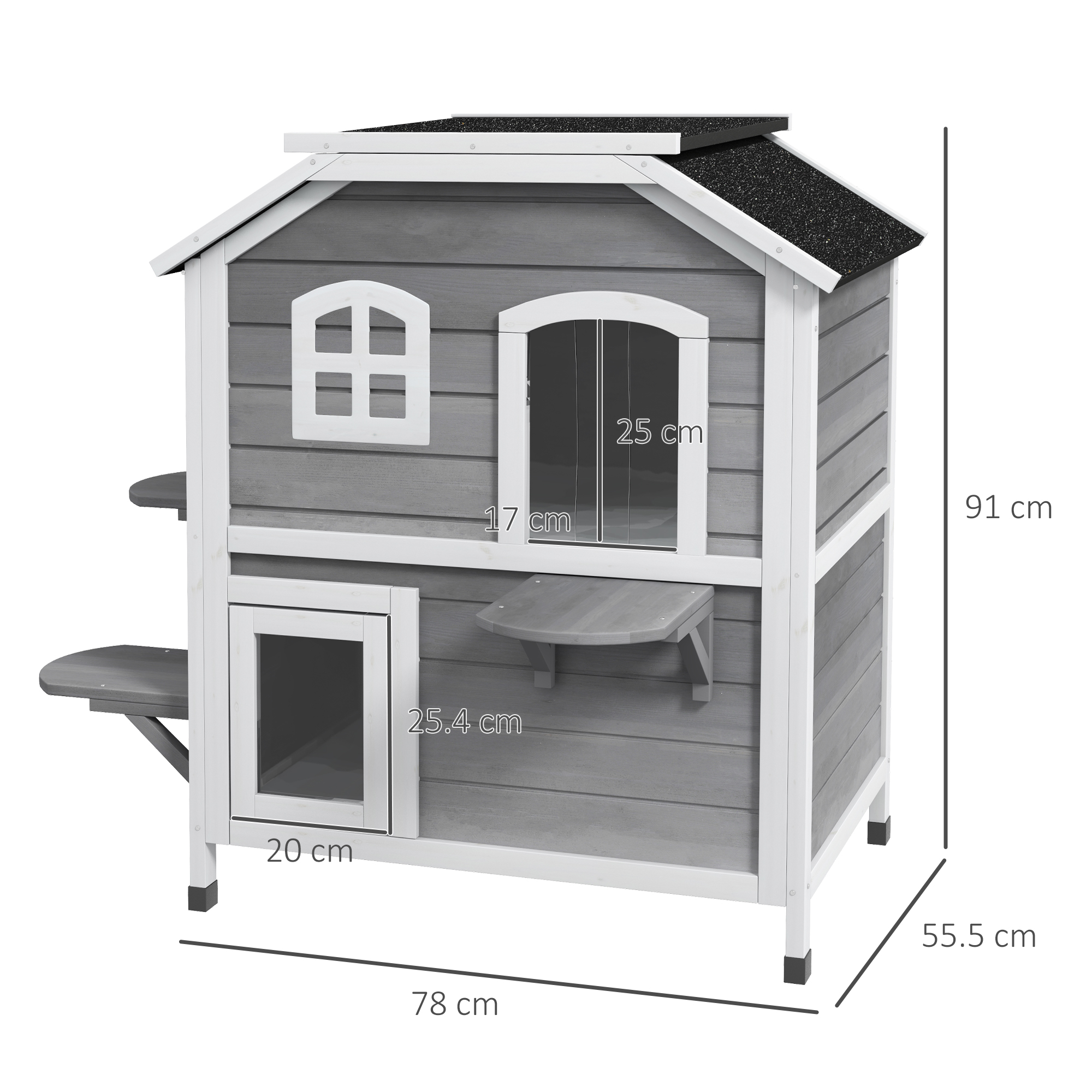 PawHut 2-story Cat House Outdoor, Weatherproof Wooden Cat Enclosure for Feral Cats with Escape Door, Openable Roof, Jumping Platforms, Grey 3