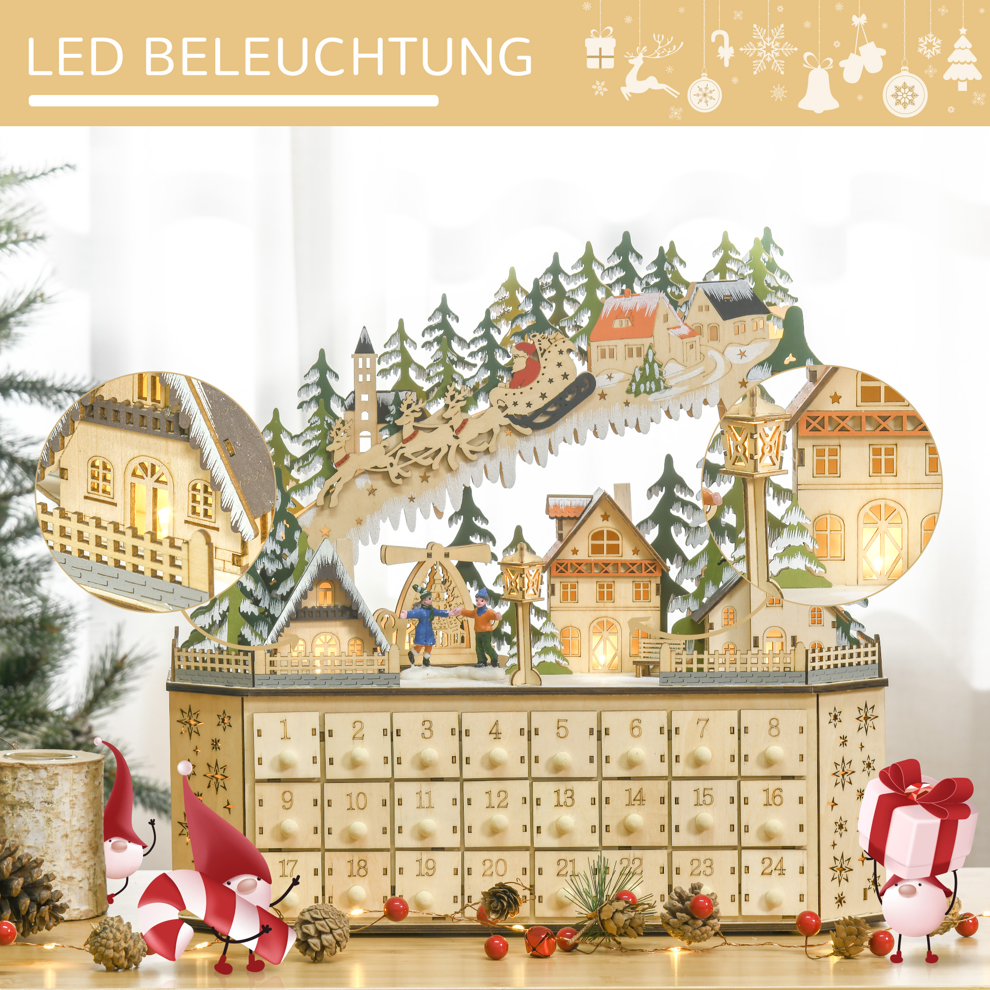 Advendikalender jõulukaunistus, 24 sahtliga, LED-tuled, 39 cm x 9 cm x 42 cm, valge + roheline