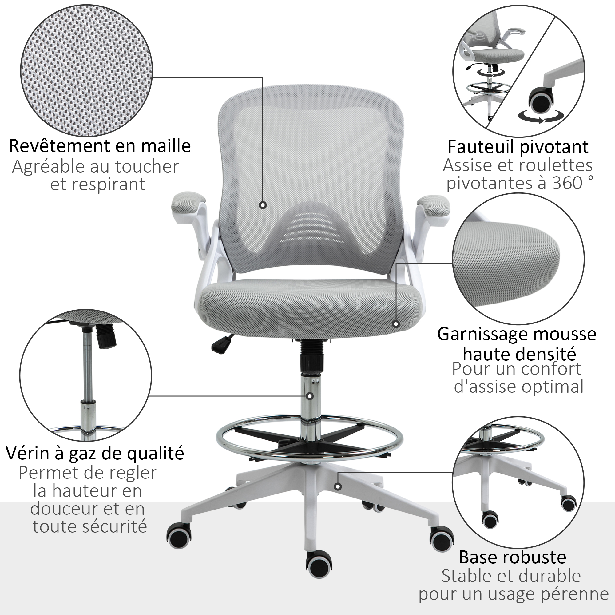 Vinsetto Fauteuil de Bureau Chaise de Bureau Assise Haute réglable dim. 64L x 59l x 104-124H cm Tabouret de Bureau pivotant 360° Maille Respirante Gris et Blanc Vinsetto Fauteuil de Bureau Chaise de Bureau Assise Haute réglable dim. 64L x 59l x 104-124H cm Tabouret de Bureau pivotant 360° Maille Respirante Gris et Blanc