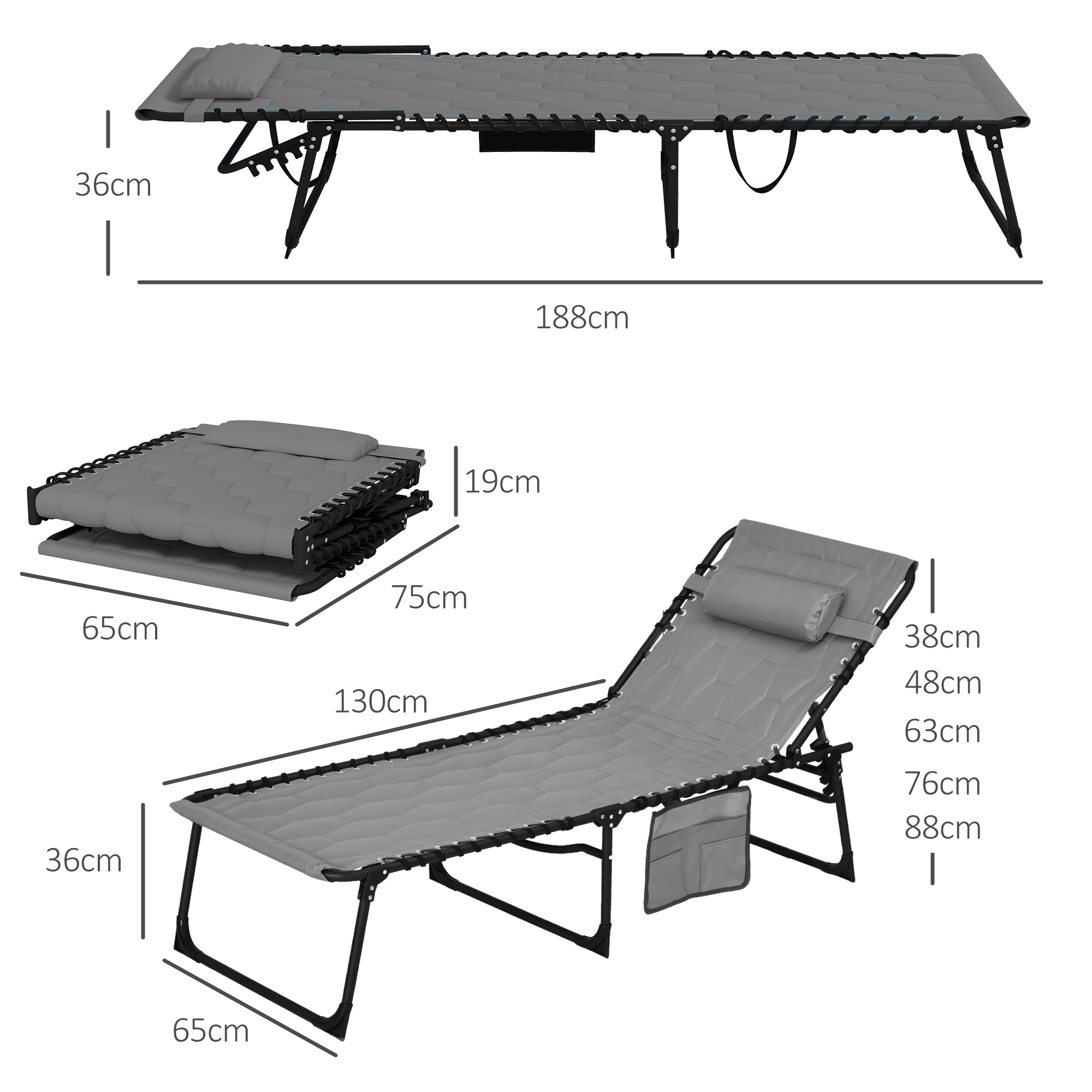 Outsunny Set of Two Sun Loungers, with Five-Position Reclining Backs Grey 3
