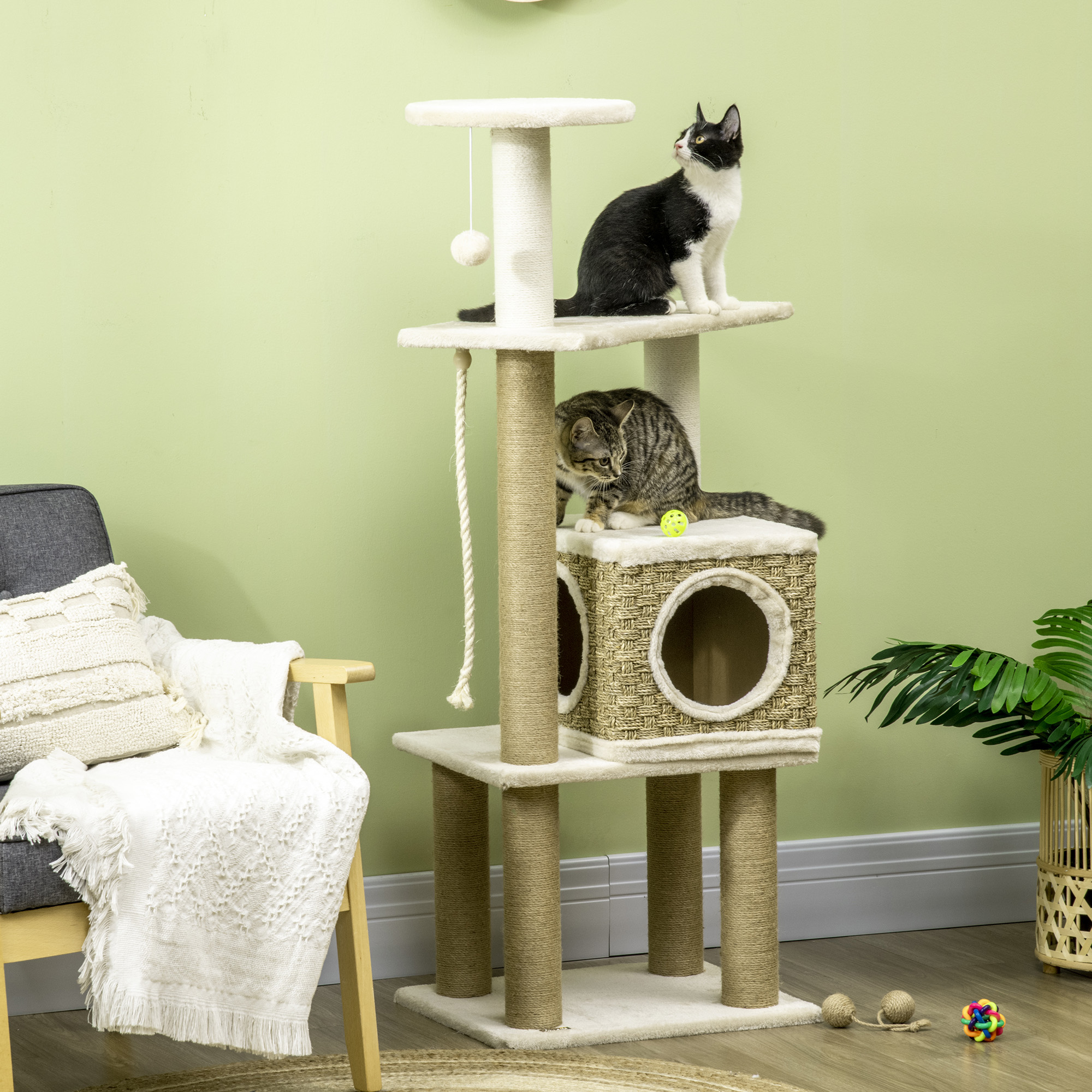 PawHut Cat Tree, with Scratching Post, Cat House & Hanging Toy Ball Beige 2