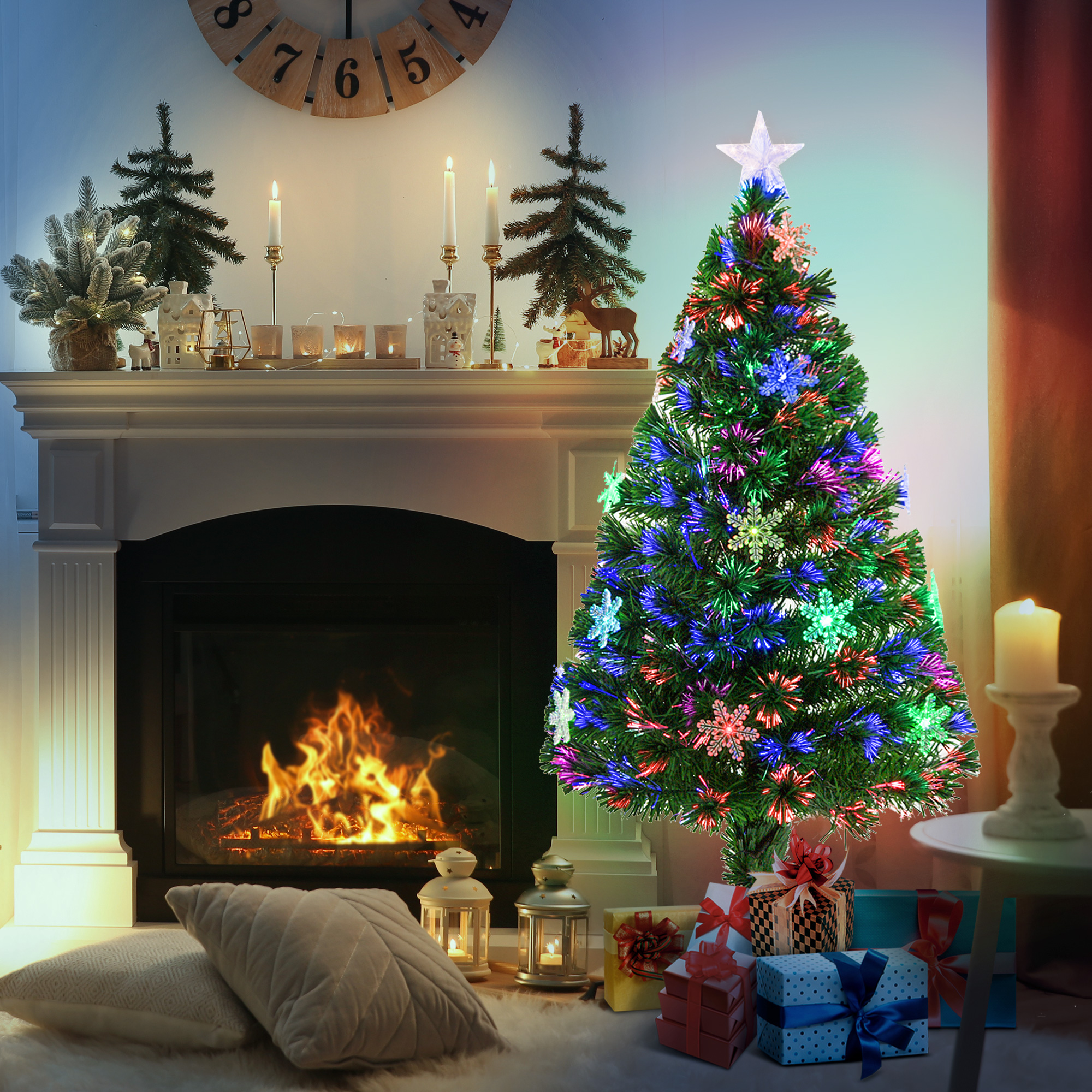 HOMCOM 4FT Green Fibre Optic Artificial Christmas Tree Xmas Colourful LED Scattered Tree with Snowflakes Ornaments Fireproofing 2