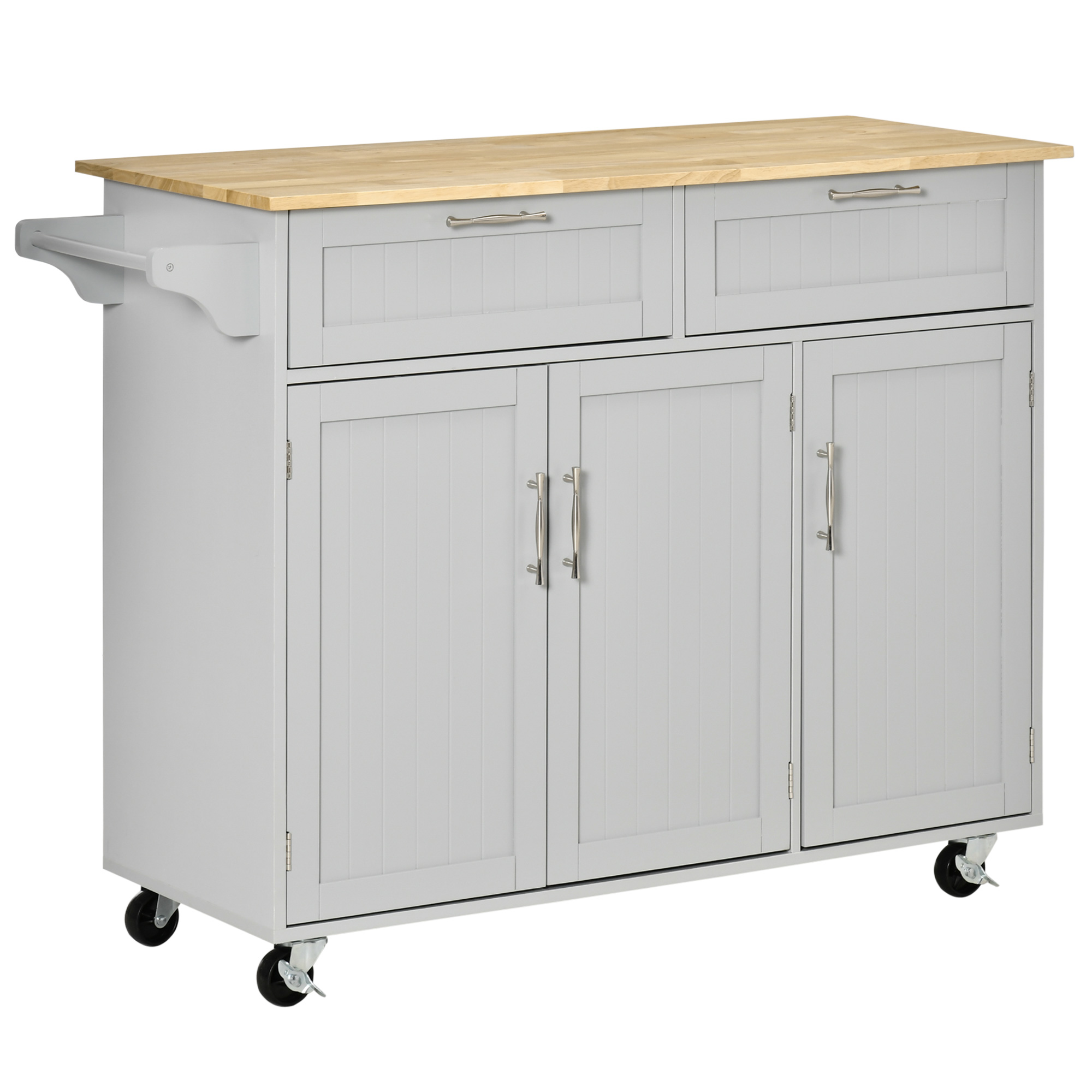 HOMCOM Carro de Cocina Gris con Ruedas, Isla de Cocina, 2 Cajones, Barra para Colgar, para Comedor 121x46x91 cm | Aosom España