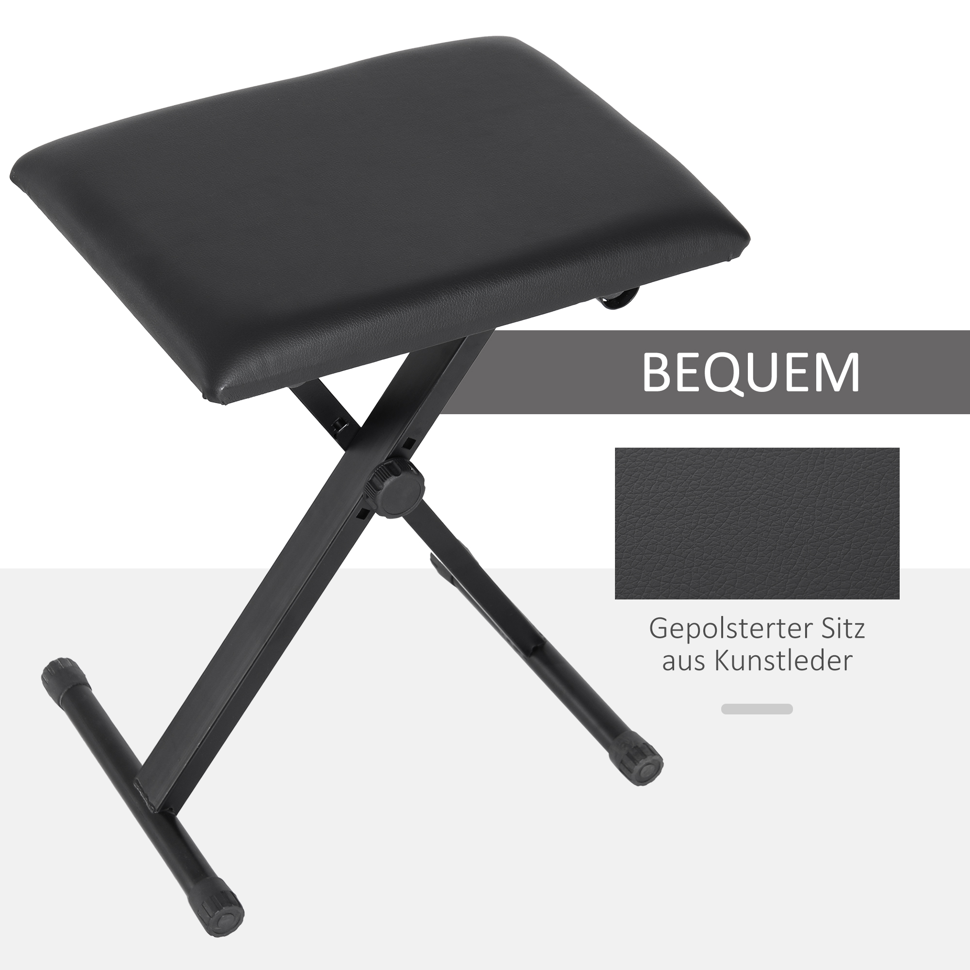 Kõrguses reguleeritav klaveritool, X-kujuline klaveripink kunstnahast padjaga, kokkupandav klaveritool klaveri ja klaviatuuri jaoks, 39 x 29 x 37-47 cm, must
