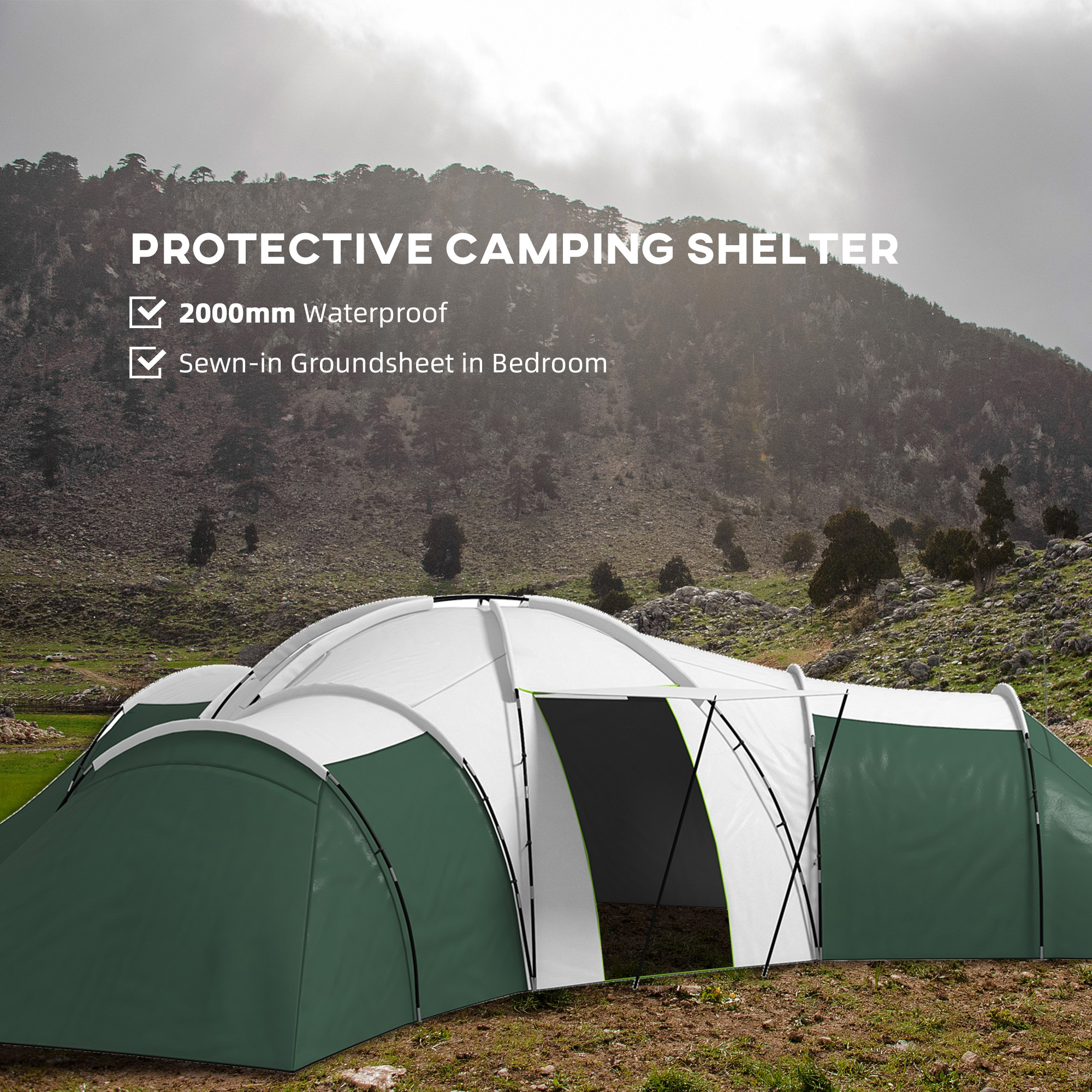 Outsunny 6-9 Man Tent with Bedrooms and Living Room, Accessories Included, Green 5