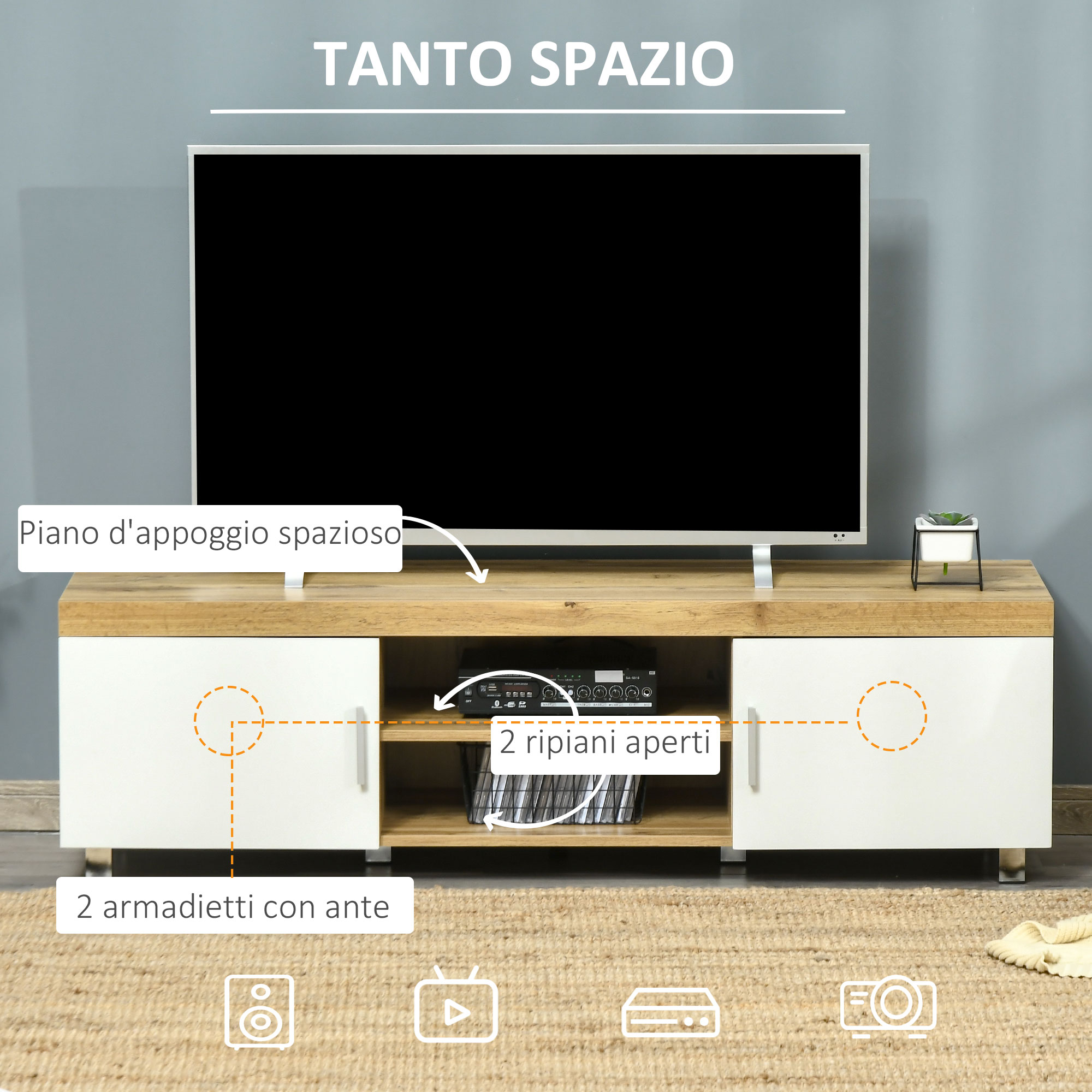 HOMCOM Mobile TV Con Armadietto 2 Ante E Ripiano Aperto: 140x40x48 Cm, Per TV Fino A 60", Bianco E Legno, Chiusura Soft Close