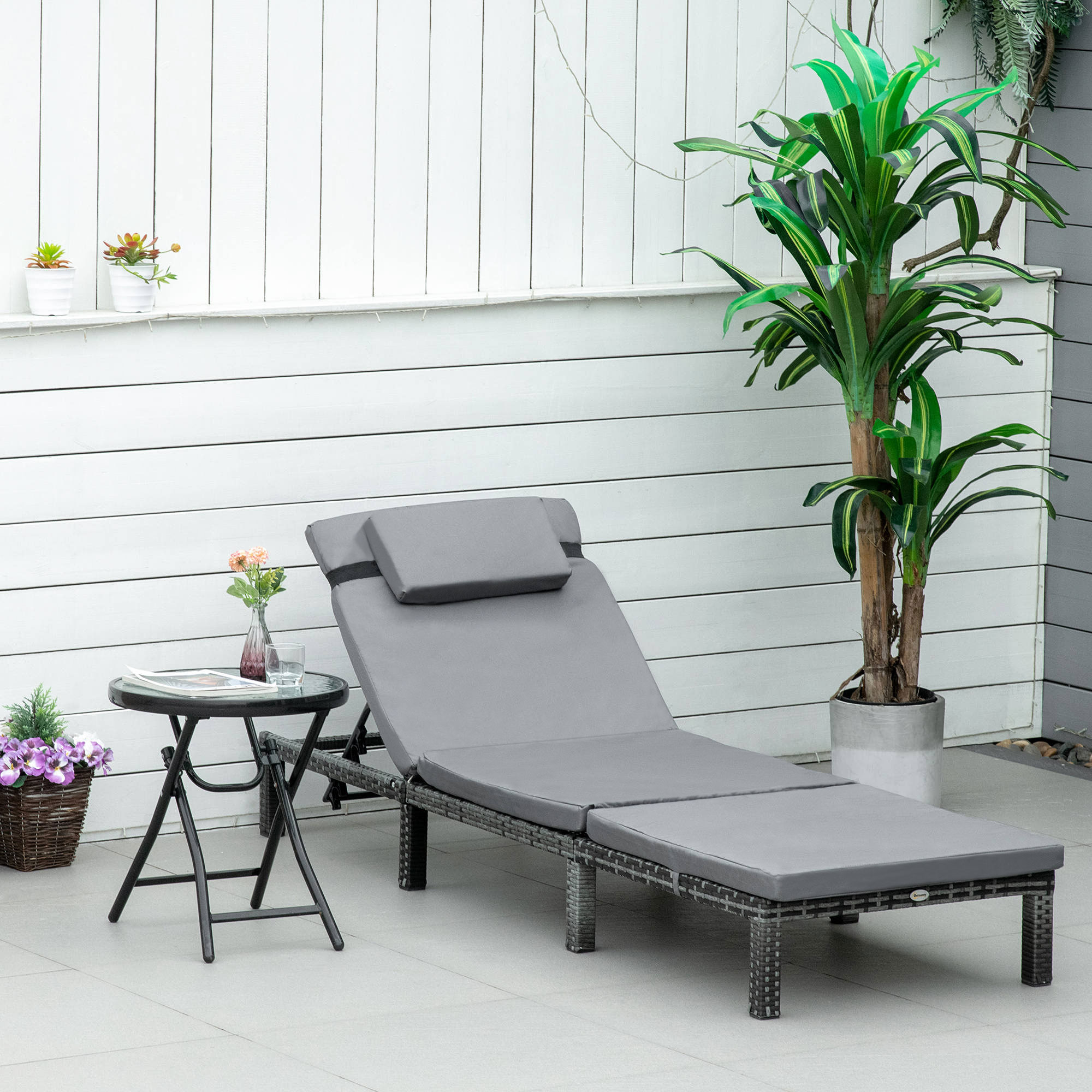 Outsunny Rattan Sun Lounger, 5-Level Adjustable Garden Lounger Recliner with Cushion and Headrest, Outdoor Reclining Sunbed, Steel Frame Garden Chair for Patio, Beach, Terrace, Dark Grey 2