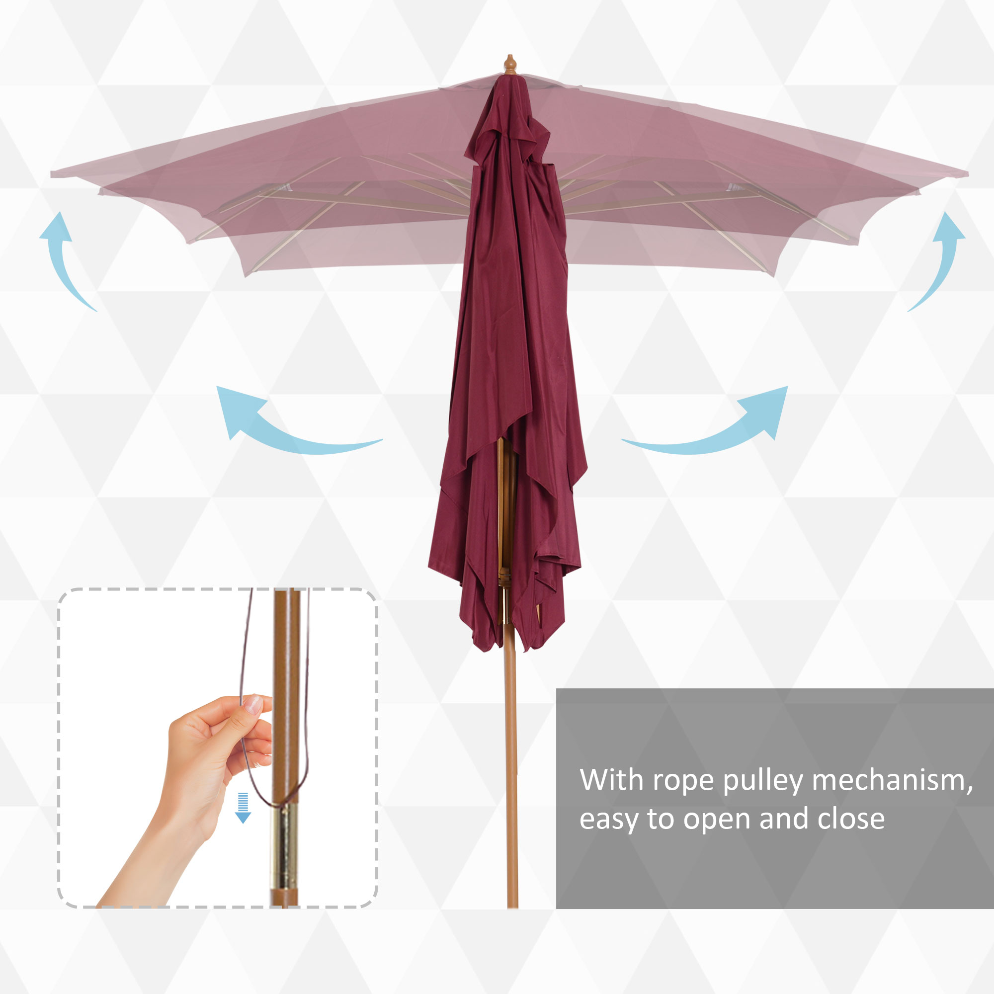 Outsunny 2 x 3m Wooden Garden Parasol Umbrella Outdoor Sun Shade Canopy, Wine Red 5