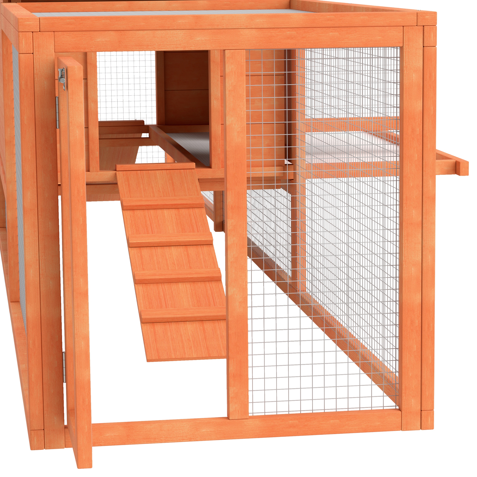PawHut Wooden Rabbit Hutch with Run, Tray, Ramps, Asphalt Roof, 309 x 70 x 87cm, Orange 9