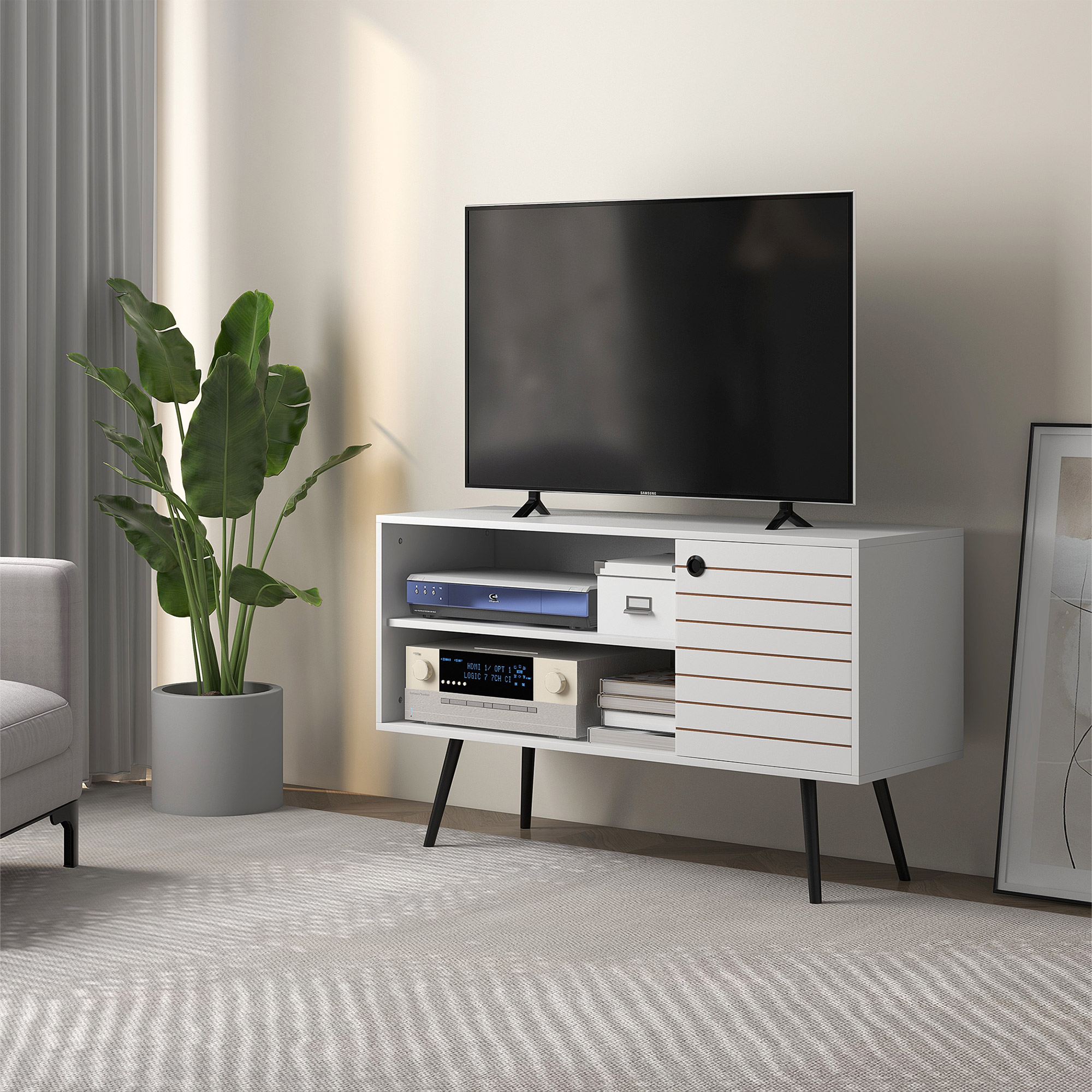 HOMCOM Duo Storage TV Unit, with Striped Door White 2