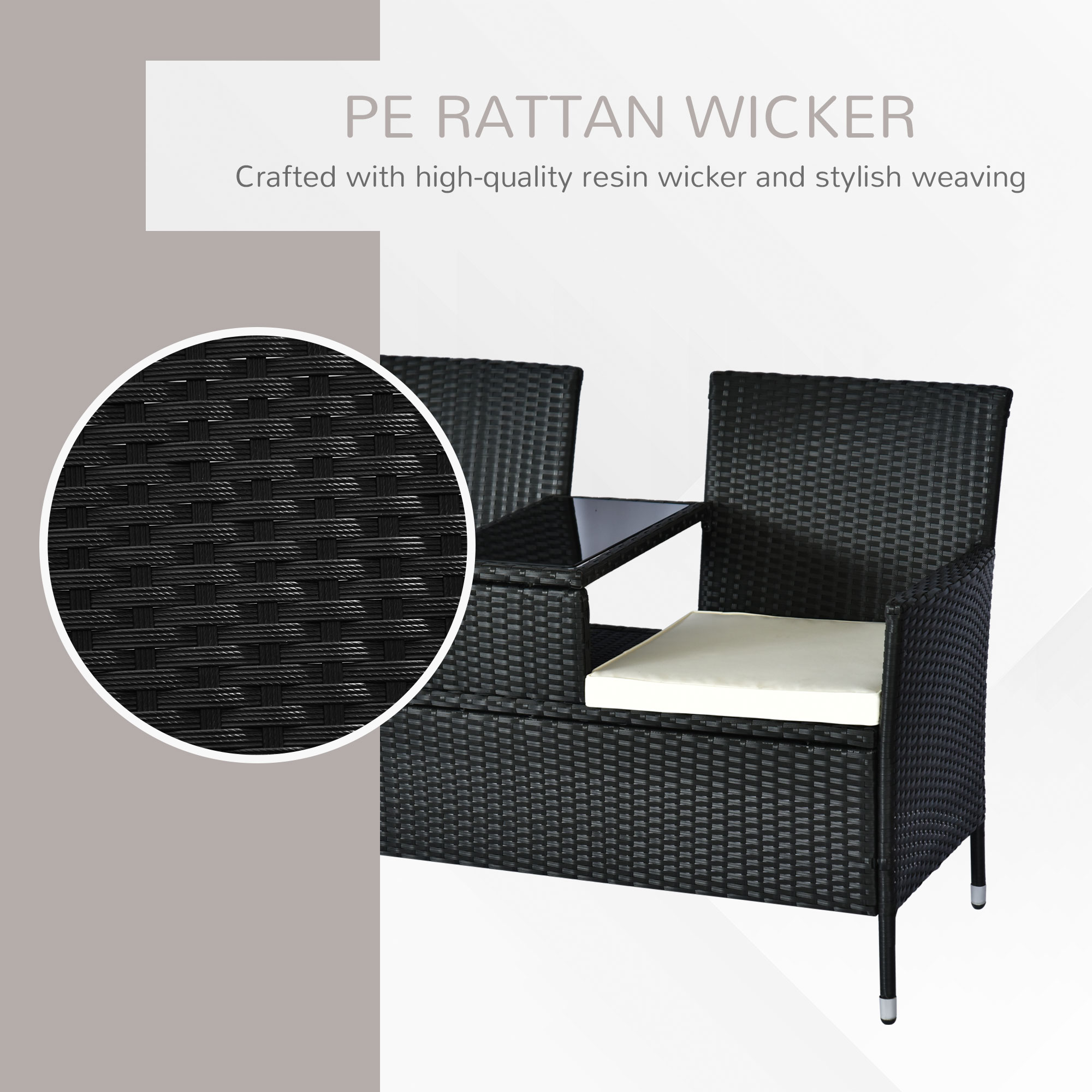 Outsunny 2 Seater Rattan Campanion Chair Wicker Loveseat Outdoor Patio Armchair with Drink Table Garden Furniture Black 5