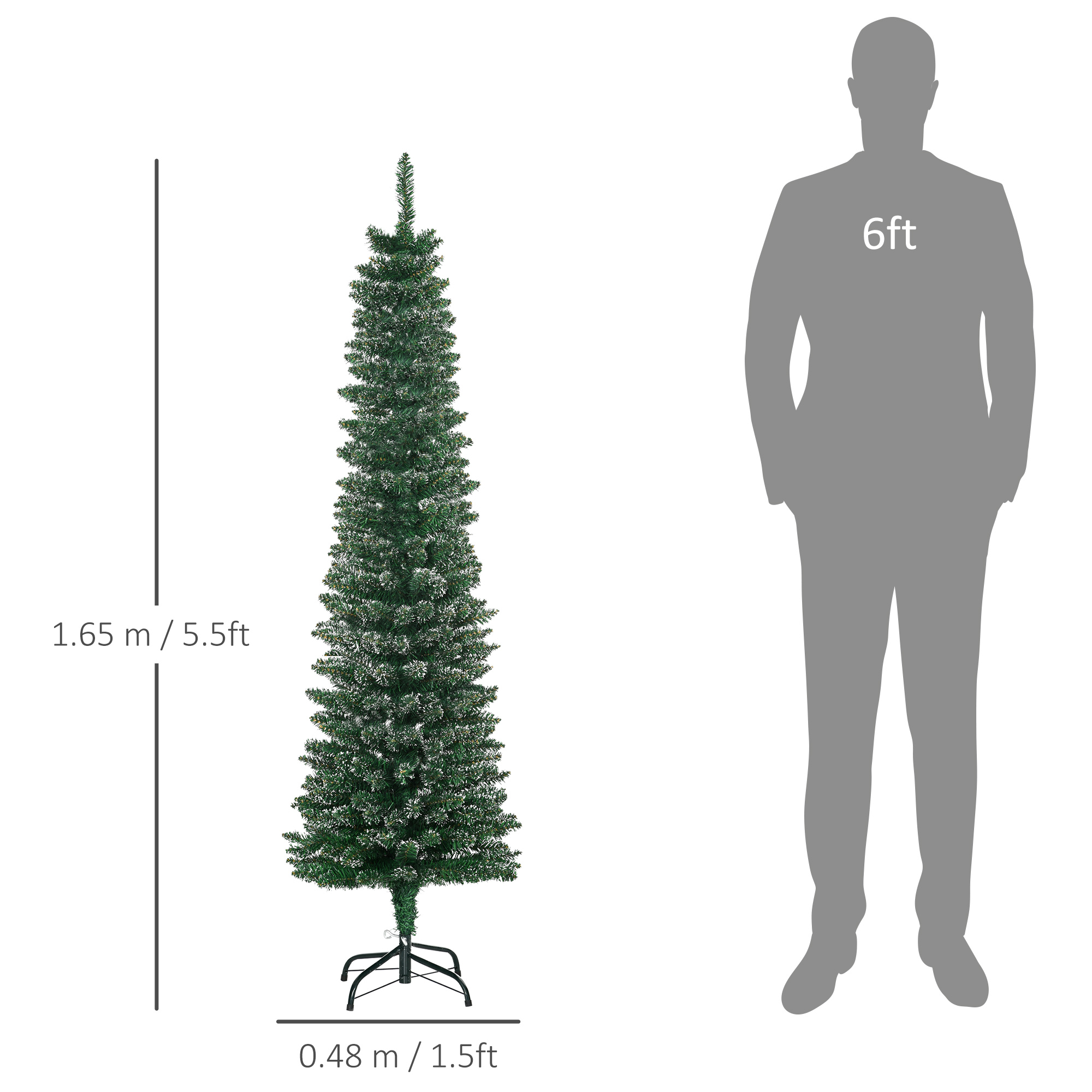 HOMCOM 5.5FT Artificial Snow Dipped Christmas Tree Xmas Pencil Tree Holiday Home Indoor Decoration with Foldable Black Stand, Green 3
