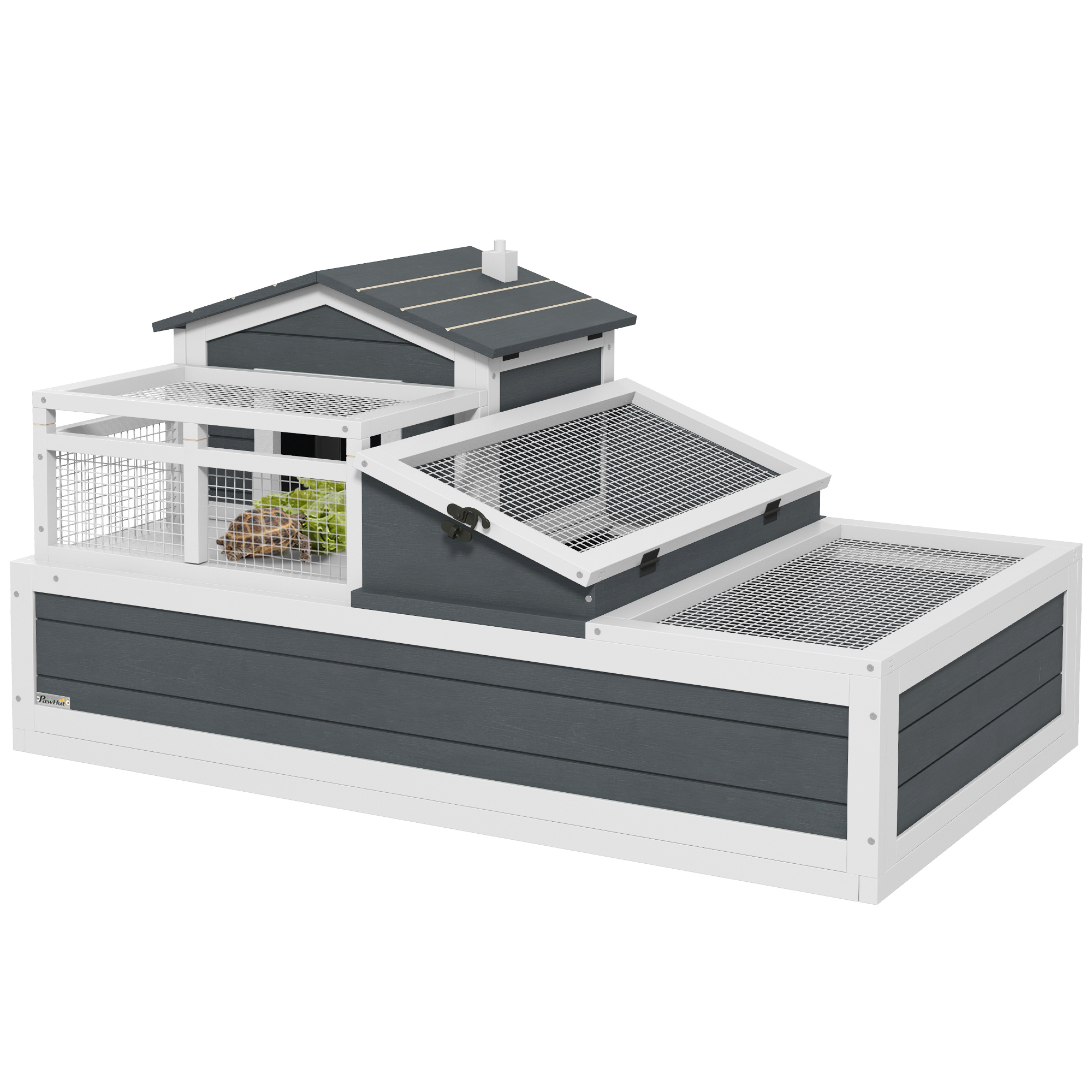 PawHut Wooden Tortoise House, Small Pet Reptile Shelter, with Hide Den and Run - Yellow