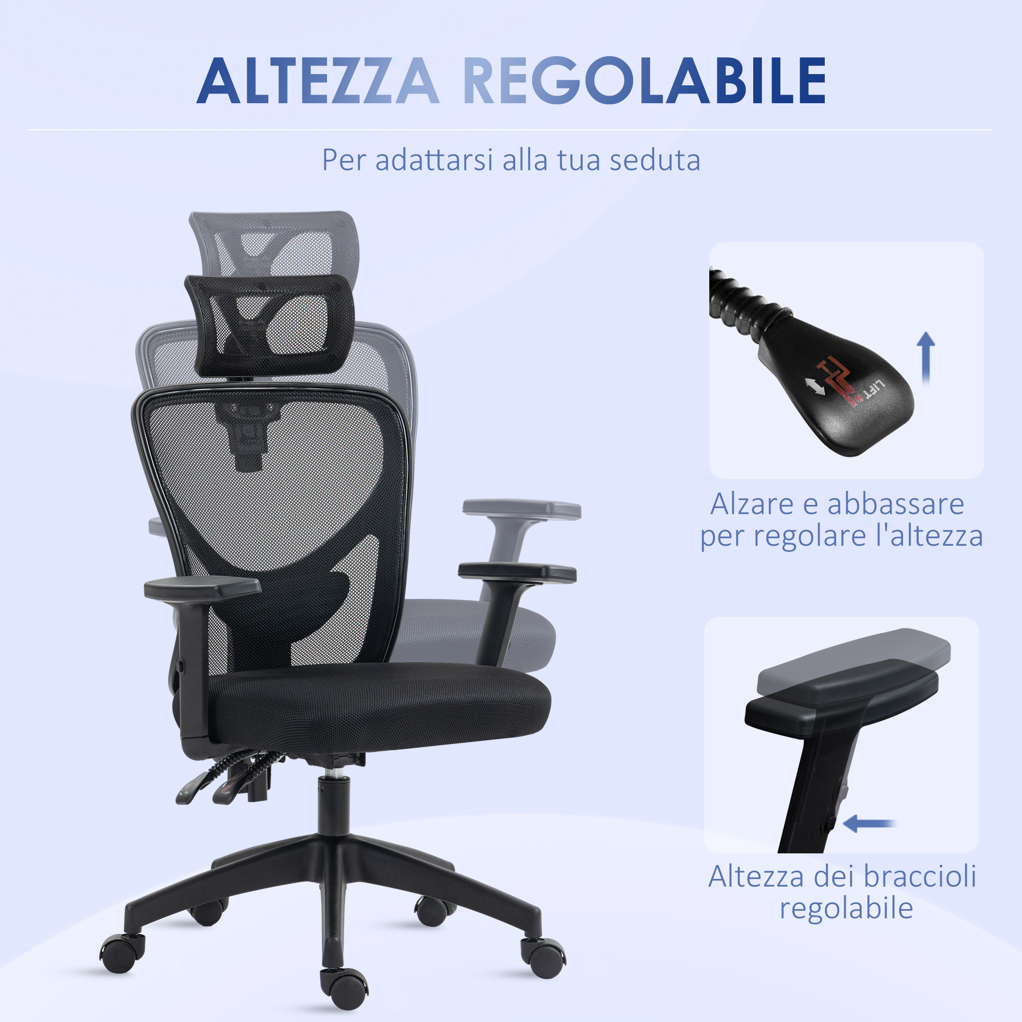 Vinsetto Sedia Da Ufficio Ergonomica In Rete Nera, Altezza Regolabile (120-133 Cm), Con Braccioli Girevoli, Supporto Lombare E Funzione Reclinabile, Portata 120 Kg - 3