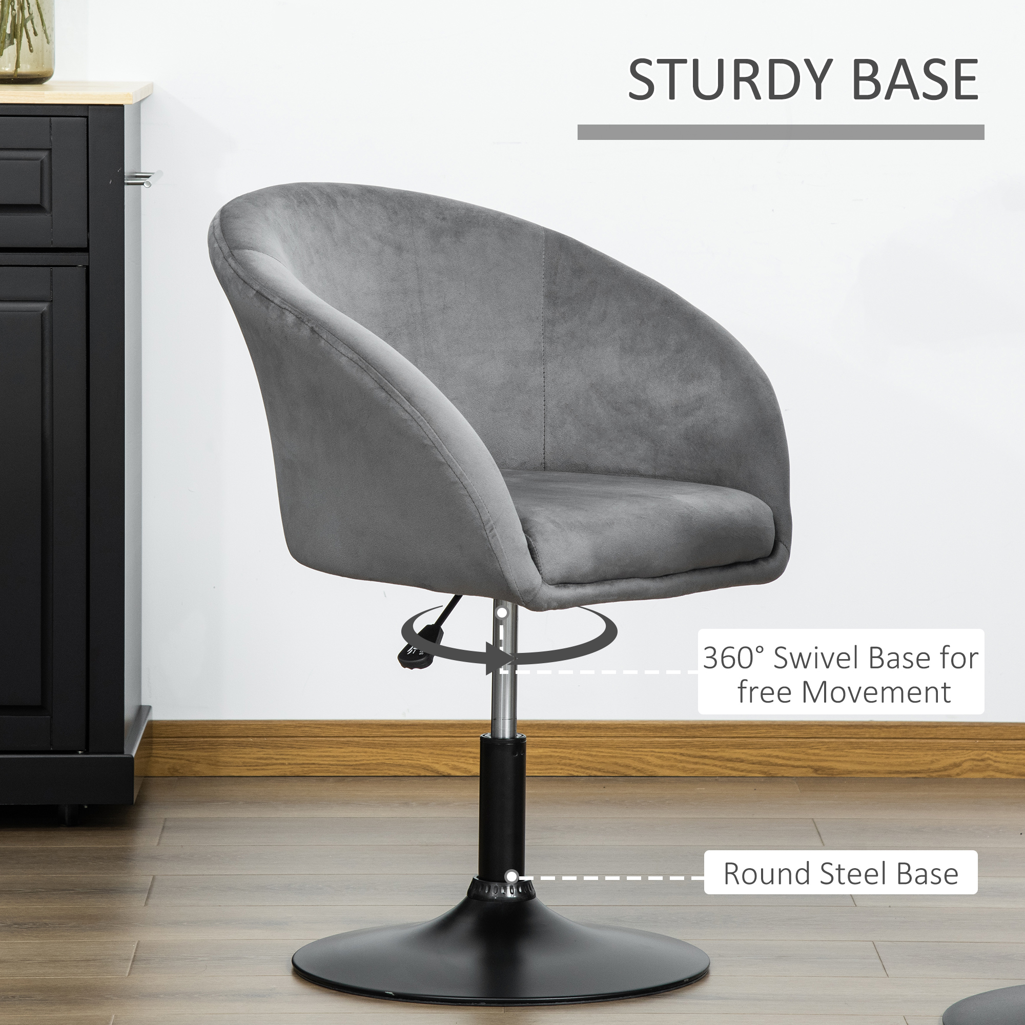 HOMCOM Dressing Table Chair, 360° Swivel Velvet-feel Upholstered Vanity Chair with Tub Seat, Back, Adjustable Height for Bedroom Makeup, Grey 6