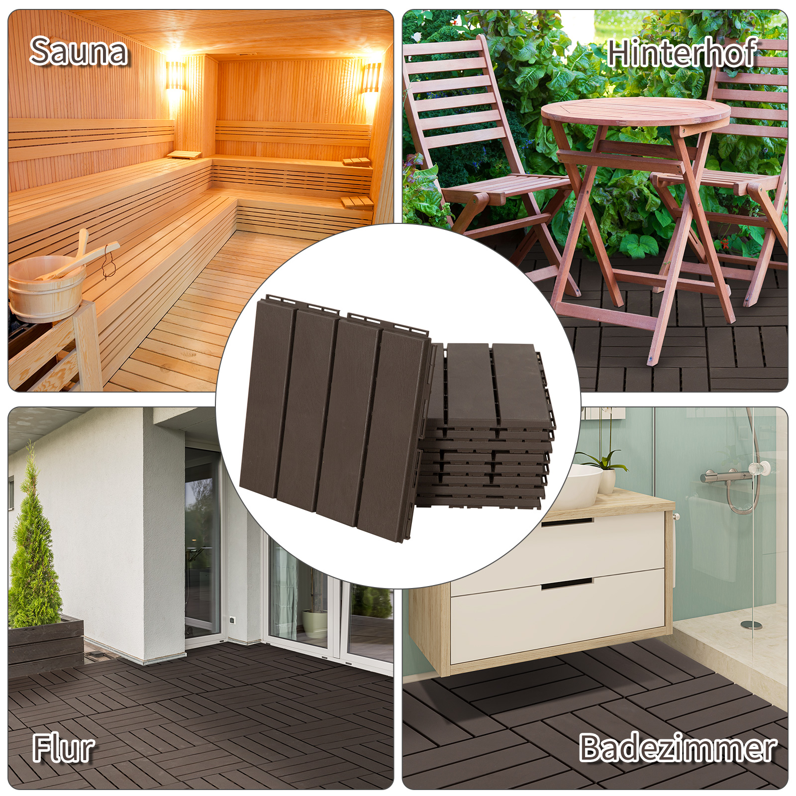 Terrassiplaadid 30 x 30 cm, 9 tükki, 0,81 m², klõpskinnitusega plaadid, rõduplaadid klõpskinnitusega, drenaažifunktsiooniga, põrandaplaat terrassile/rõdule, pruun