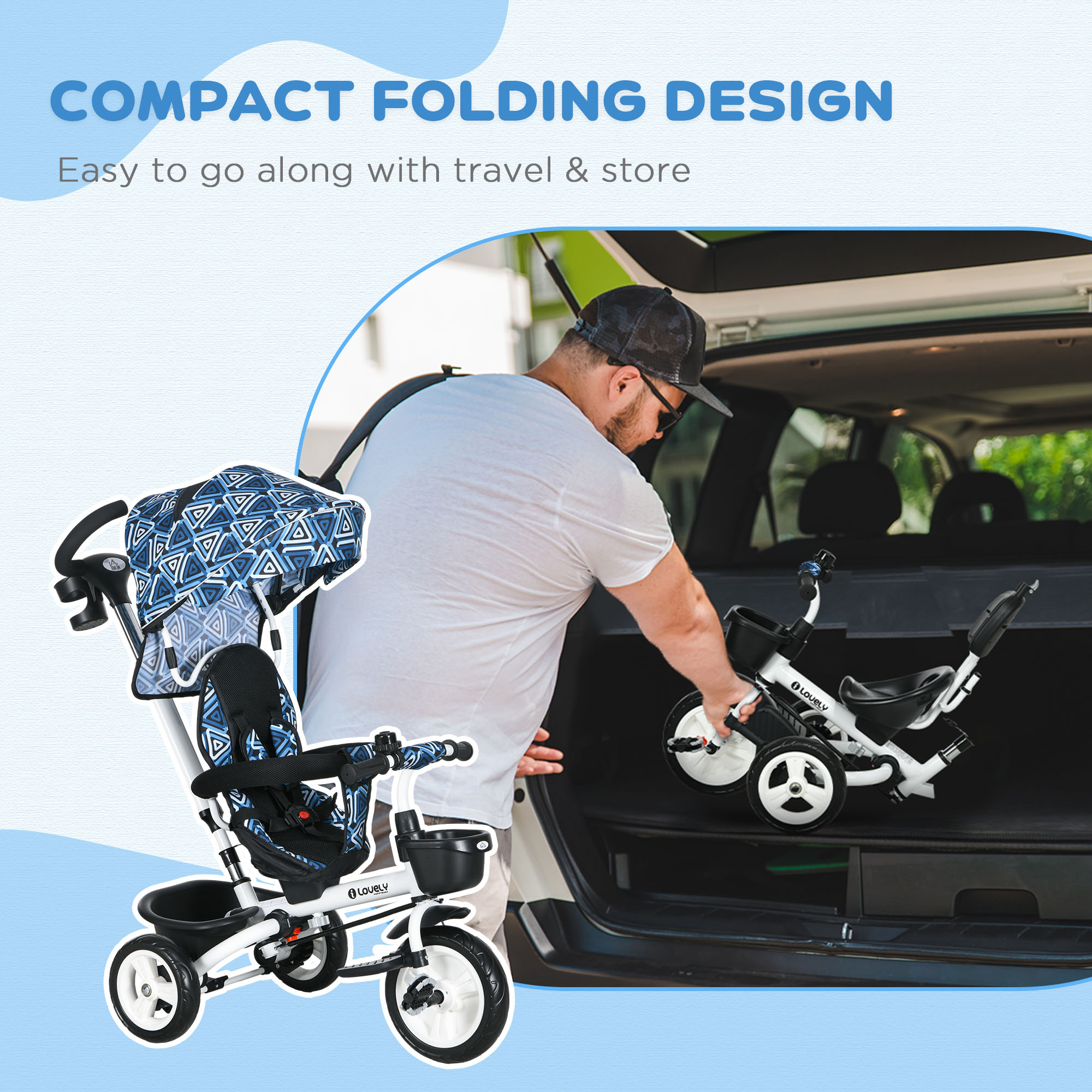 HOMCOM Metal Frame 6 in 1 Baby Push Tricycle with Parent Handle for 1-5 Years Old, Light Blue 5
