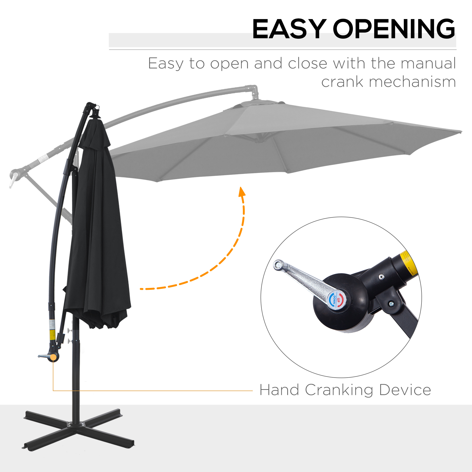 Outsunny 2.45m Overhanging Cantilever Parasol, Heavy Duty Waterproof Garden Umbrella with Cross Base, Black 4