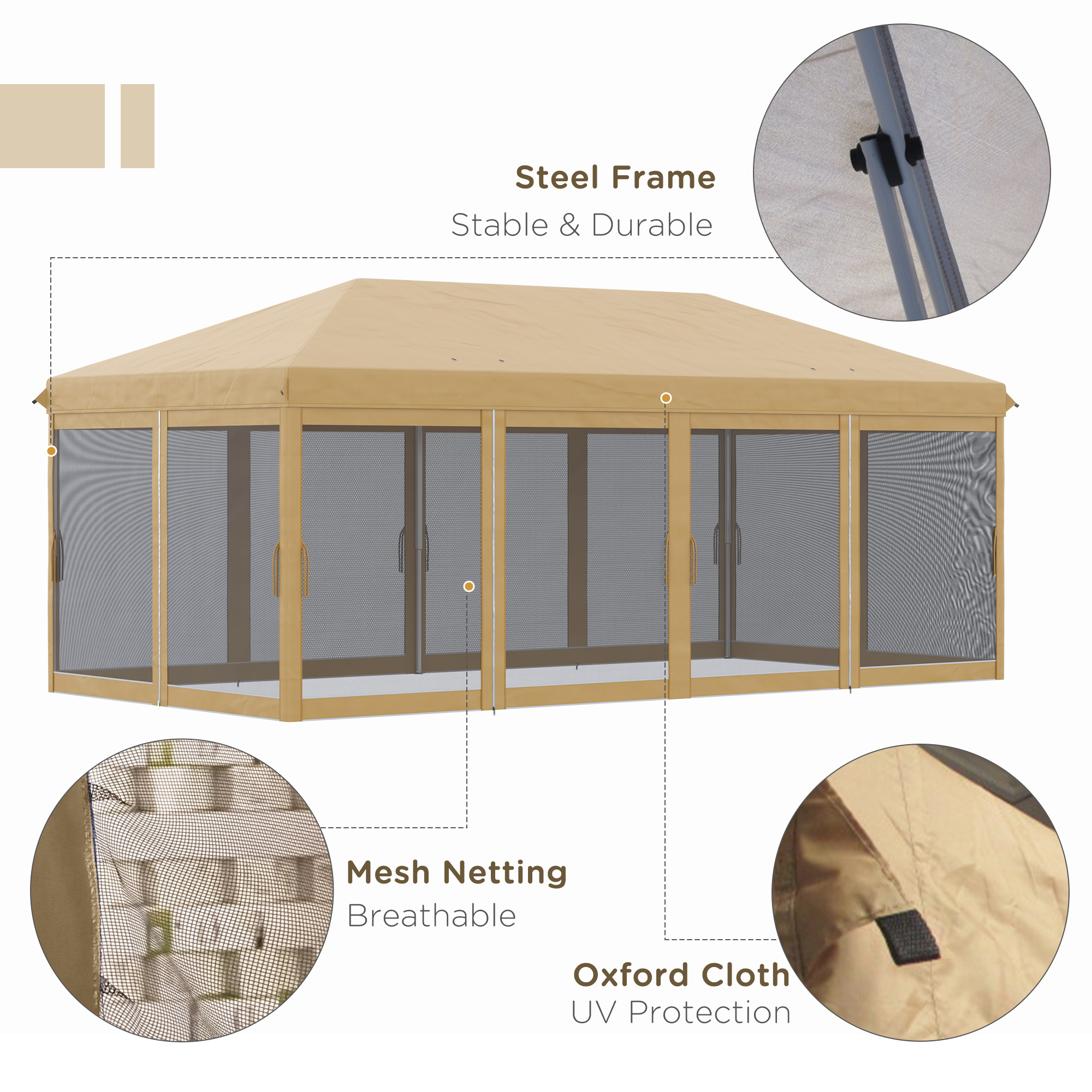 Outsunny 3 x 6m Pop Up Gazebo, Outdoor Canopy Shelter, Marquee Party Wedding Tent with 6 Mesh Walls and Carry Bag, Beige 4