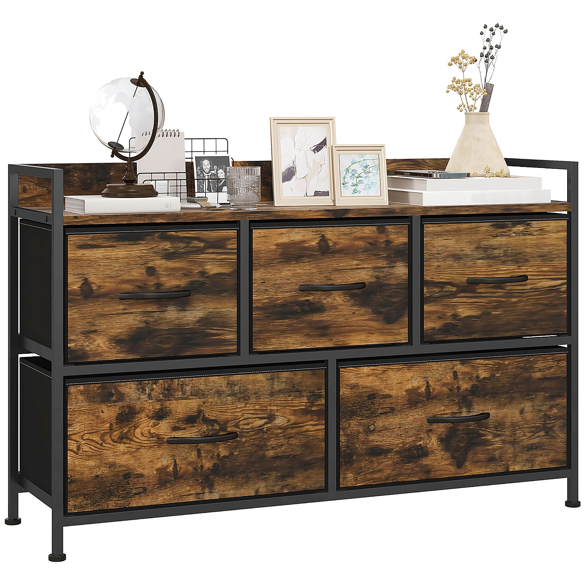 HOMCOM Cajonera de Tela con 5 Cajones y Marco Metálico Estilo Industrial para Salón Recibidor 98x29x63 cm Marrón Rústico   Aosom España