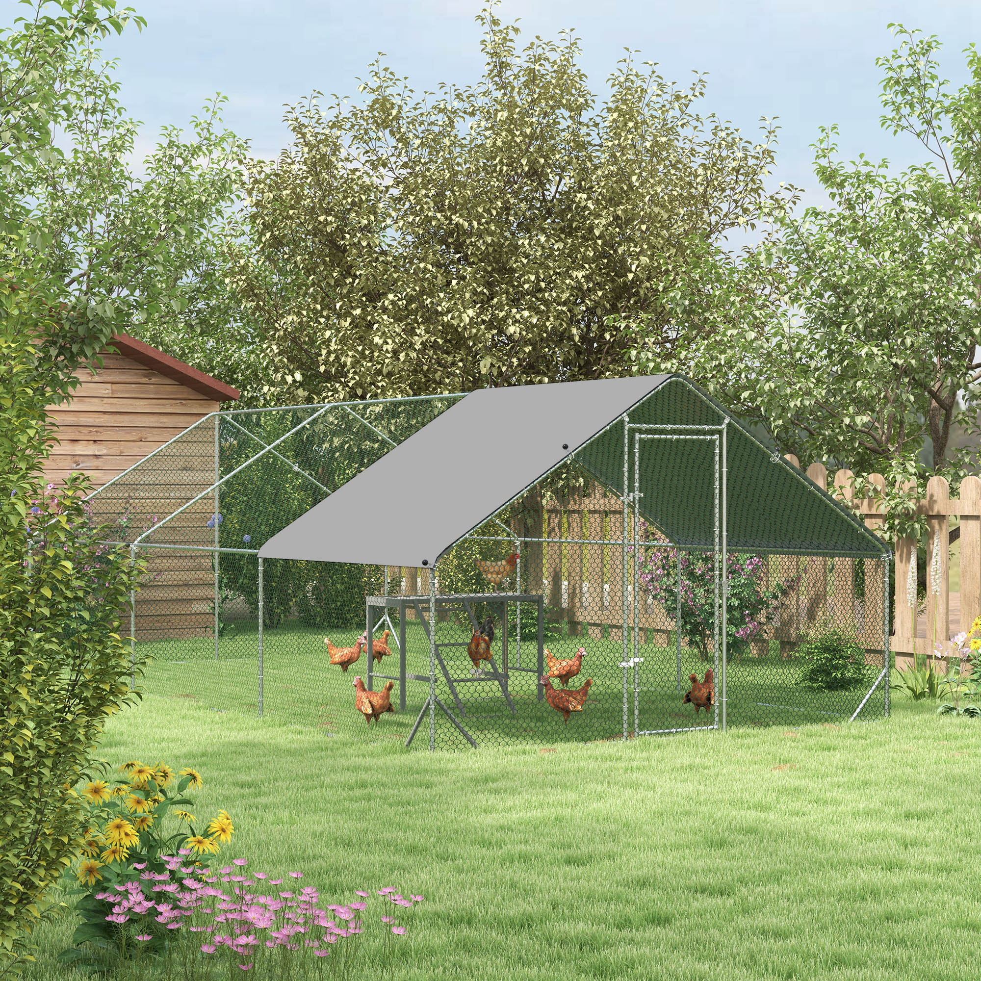 PawHut Walk In Chicken Run with Chicken Activity Shelf and Cover, 3 x 4 x 2m