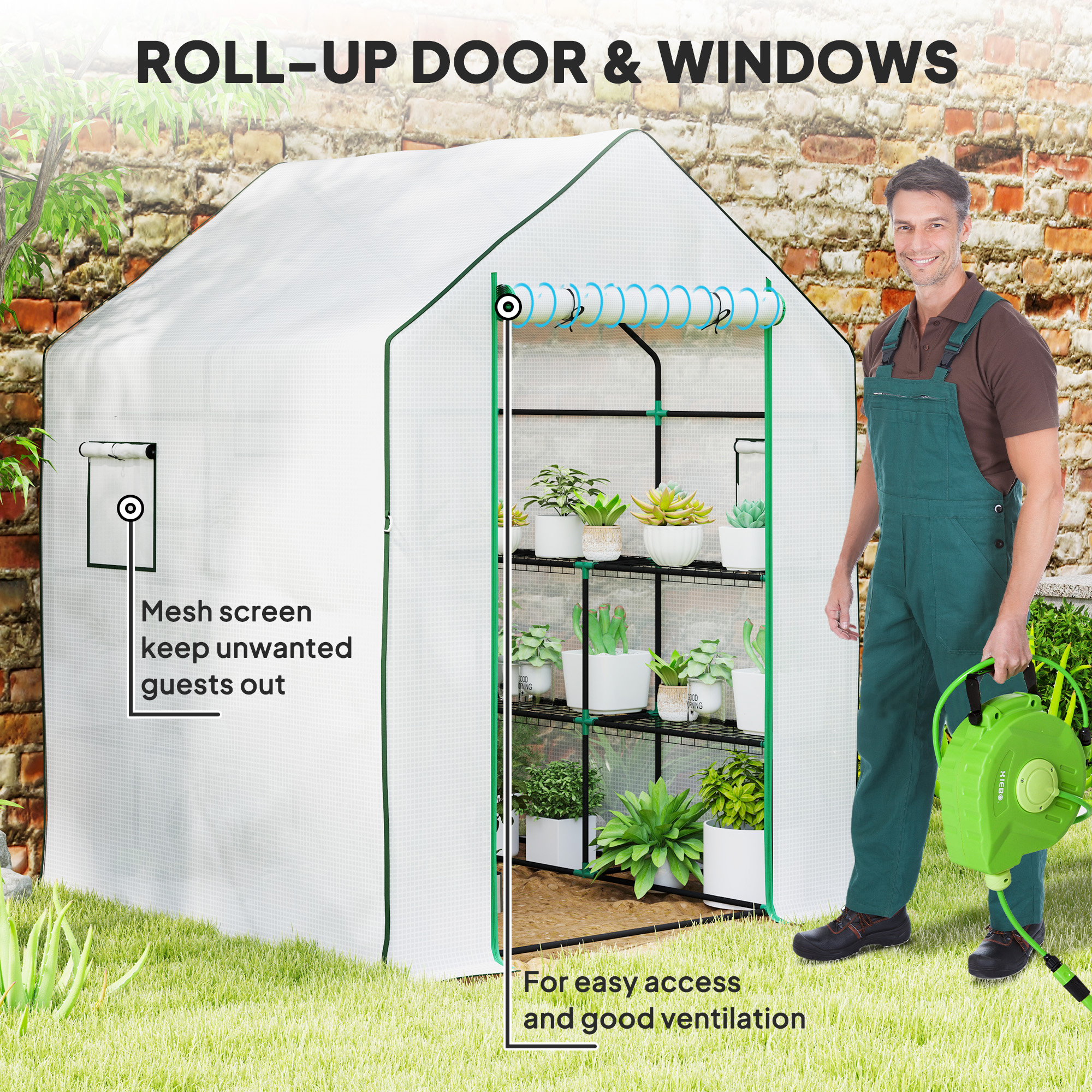 Outsunny 143 x 140cm Walk-In Greenhouse, with Accessories White 6