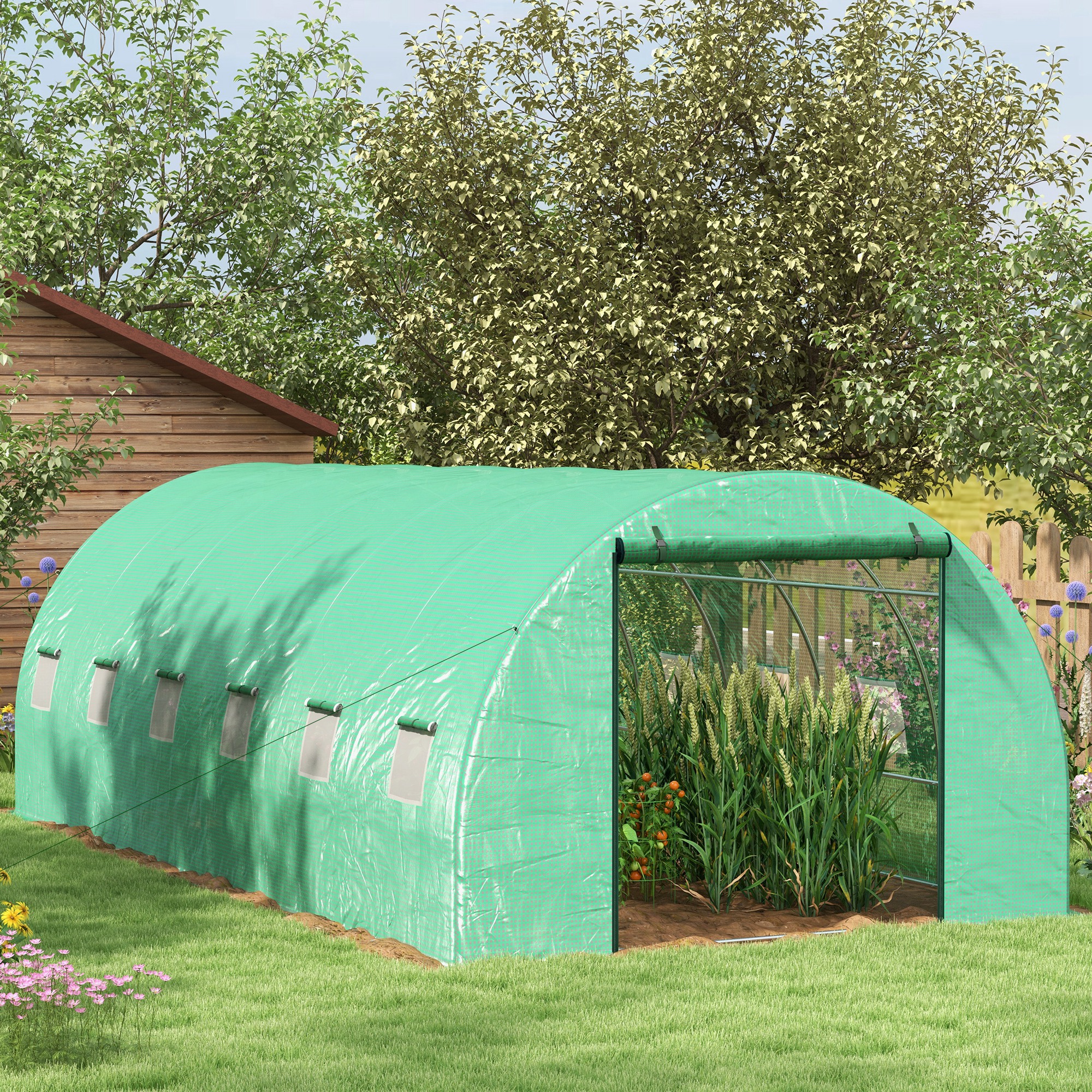 Invernadero Túnel Outsunny 1,8x1,8x2 M - Cubierta De PE Anti-UV, Puertas Enrollables Y Ventanas Con Mosquitera - Acero Y Polietileno, Verde