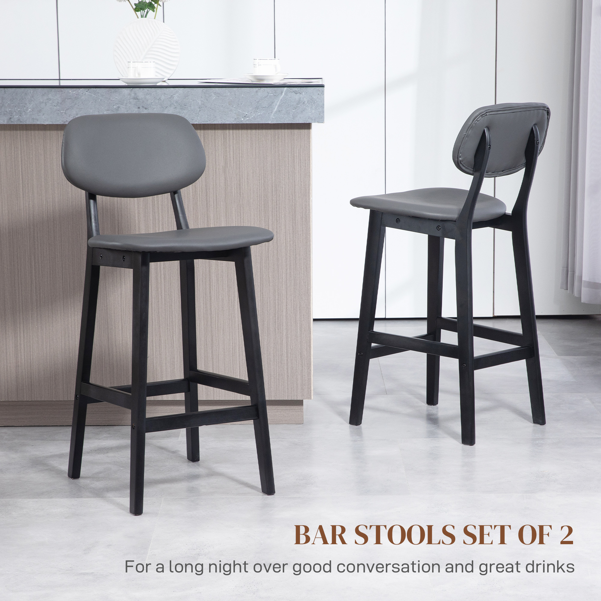 HOMCOM Bar Stools Set of 2, Breakfast Bar Chairs, PU Leather Upholstered Kitchen Stools with Backs, Footrests and Solid Wood Legs, Dark Grey 4