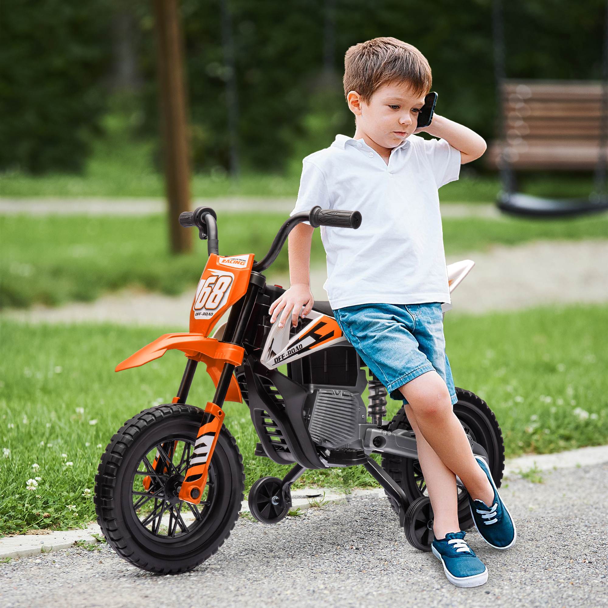 AIYAPLAY 12V Kids Electric Motorbike, Kids Electric Ride on motorcycle w/ Twist Grip Throttle, Training Wheels, Orange 2