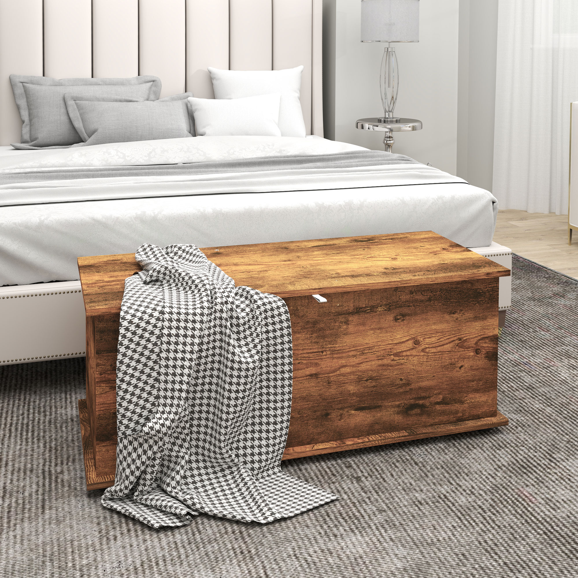 HOMCOM 113L Storage Chest, Storage Box with Flip-Top Lid and 2 Safety Hinges, Storage Trunk for Living Room, Entryway, 100 x 40 x 40 cm, Rustic Brown 2