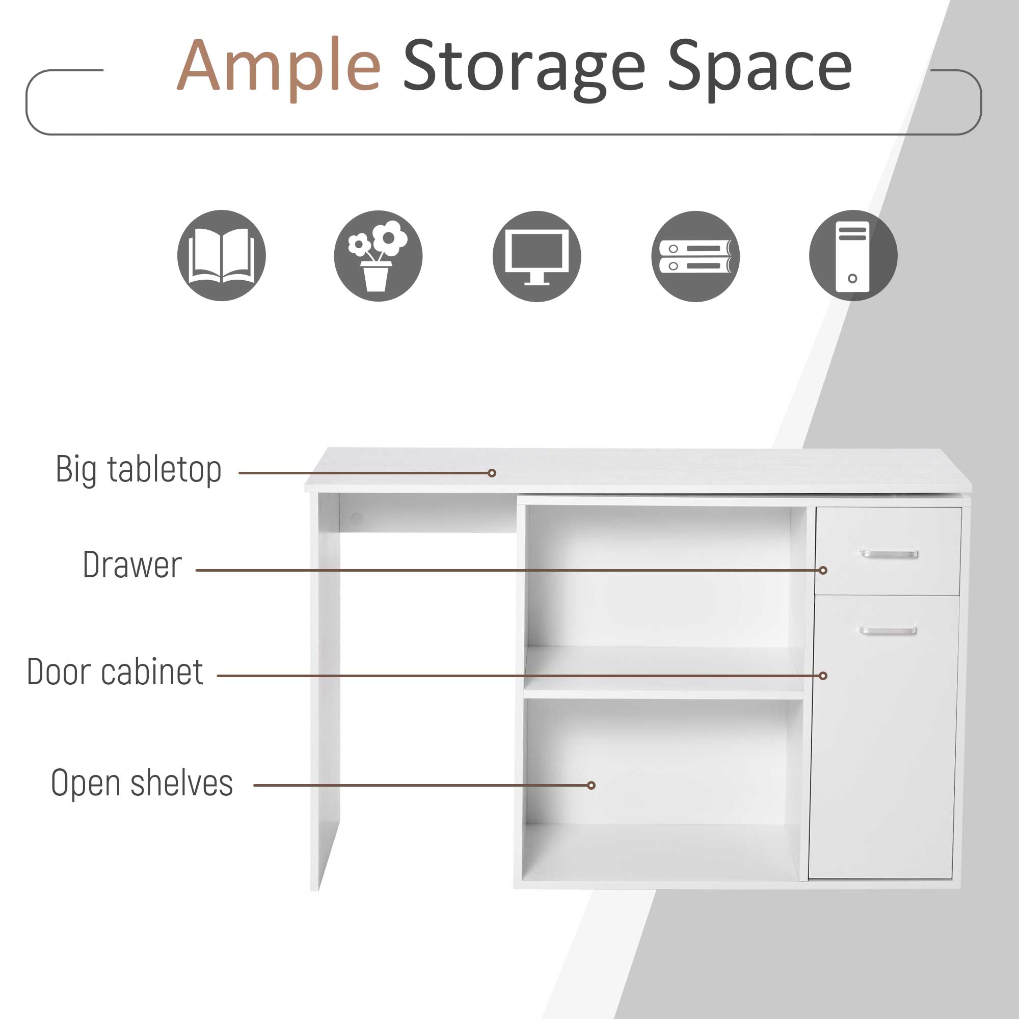 HOMCOM L-Shaped Desk, Corner Computer Desk, Adjustable Study Table with Storage Shelf, Drawer and Cabinet, Workstation for Home Office, White Wood Grain 6