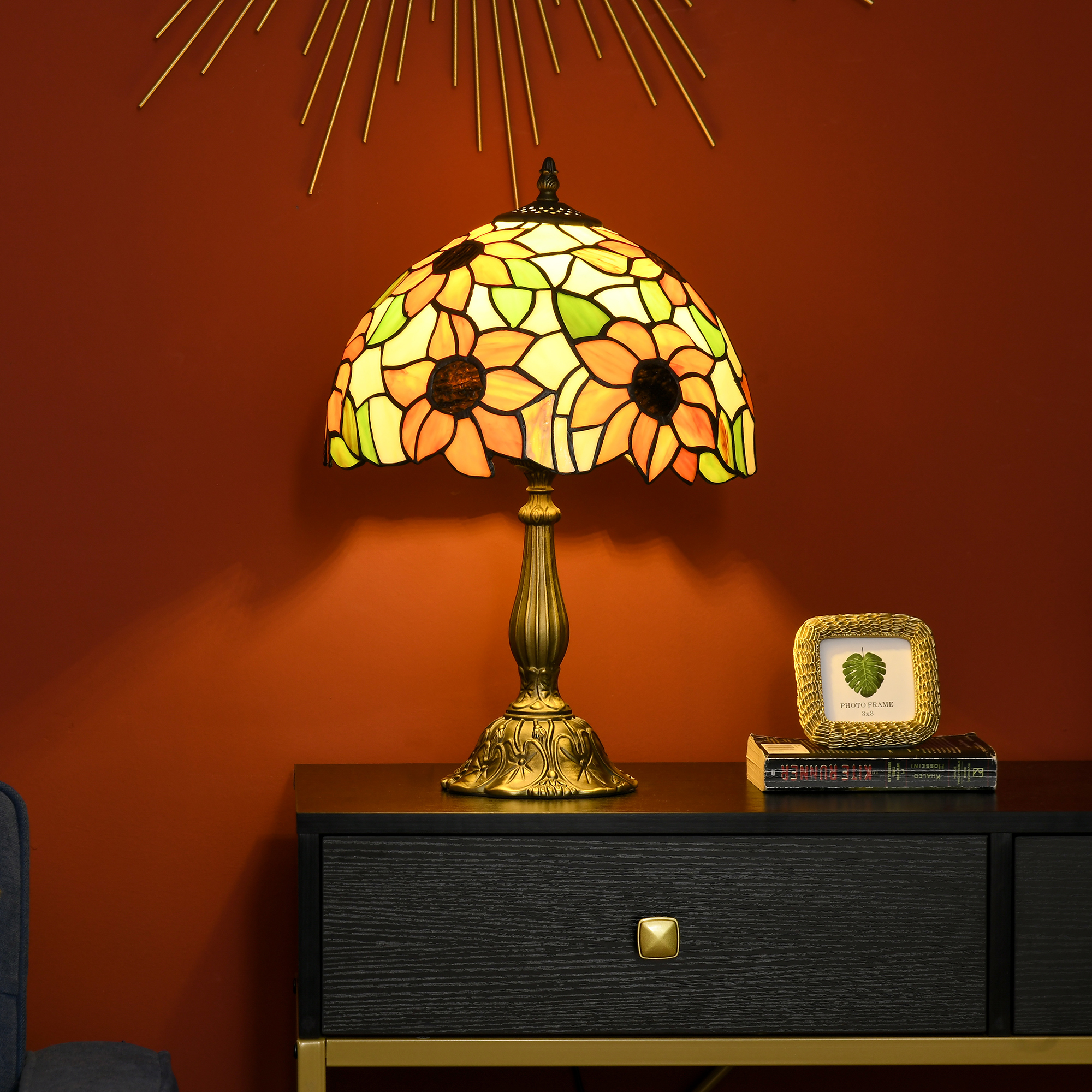 HOMCOM Stained Glass Table Lamp, Handmade Antique Bedside Lamp for Bedroom, Living room, Home, Nightstand, Decorative Night Light, Orange Sunflower 2