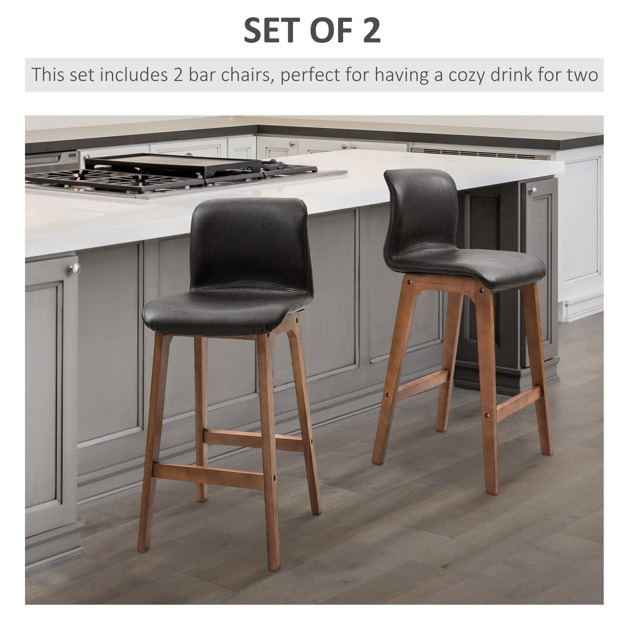 HOMCOM Modern Bar Stools Set of 2, PU Leather Upholstered Bar Chairs with Wooden Frame, Footrest for Home Bar, Dining Room 4