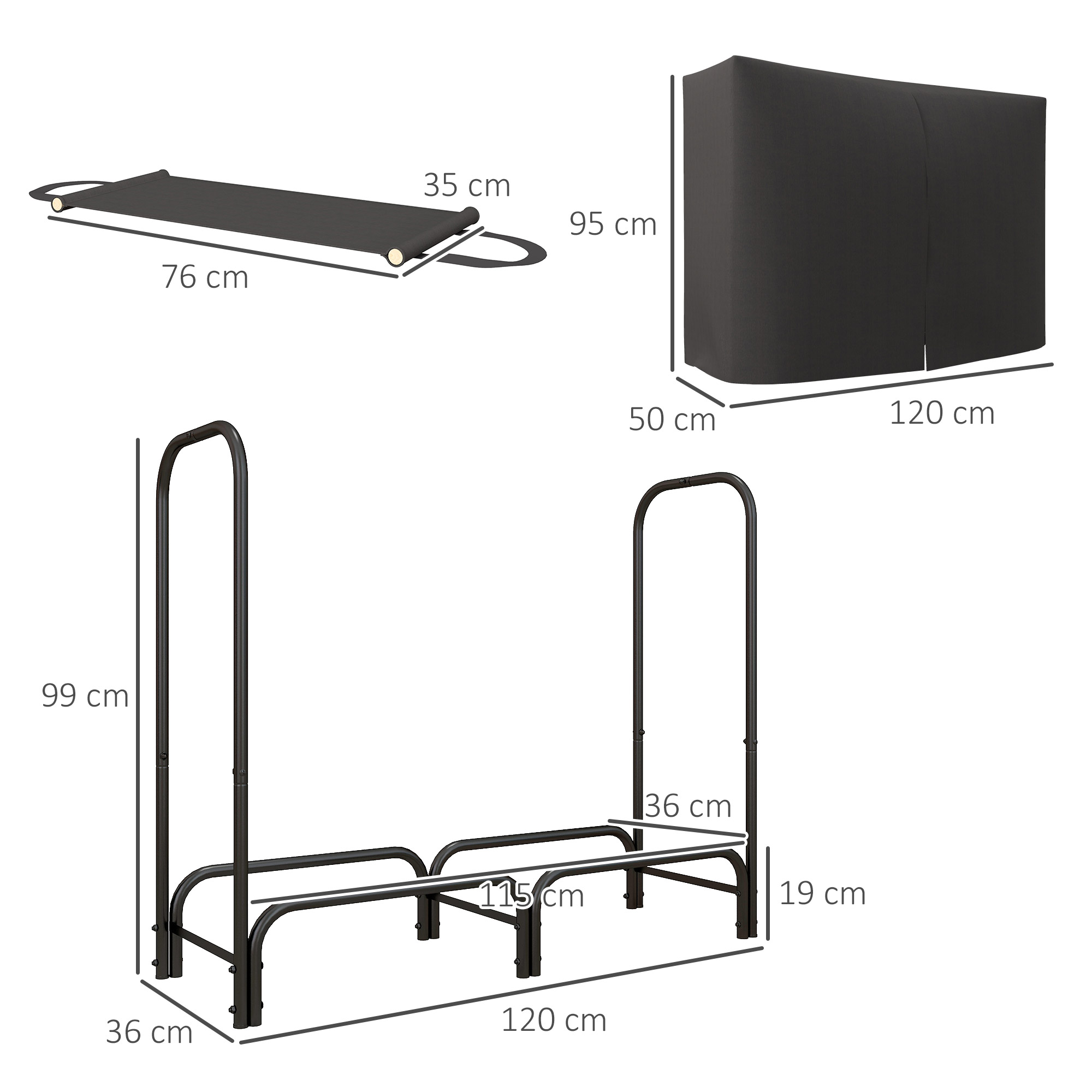 Küttepuude riiul, 0,33 m³, kandekoti ja kaanega, metallraam, kuni 150 kg, 120 x 36 x 99 cm, must